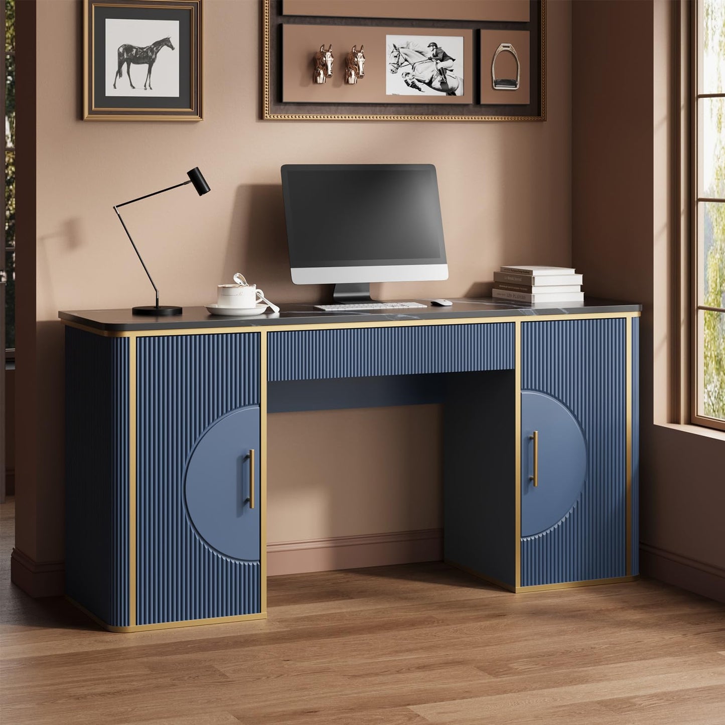 RNLRNL 60" Fluted Computer Desk, Wooden Long Home Office Writing Desk with Drawer & Storage Cabinet, Modern Writing Table with Charging Station, High Executive Desk for Office，Bedroom, Navy Blue