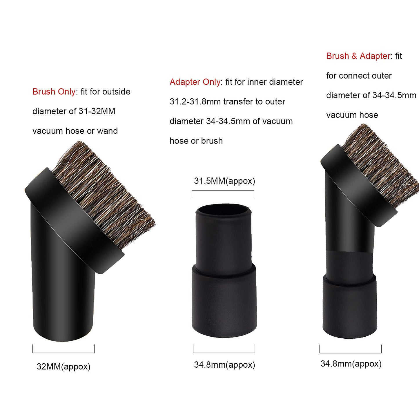 Round Dust Brush 25mm Soft Horse Hair 1.25” Vacuum Attachment Replacement with 1-1/4" to 1-3/8 Horse Adapter
