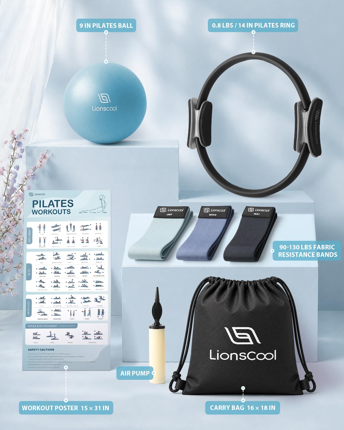 LIONSCOOL Pilates Ring Set (Black) - 14" Anti-Deformation Magic Circle with Padded Handles, 9" Mini Ball, Non-Slip Fabric Resistance Bands, Guide & Bag