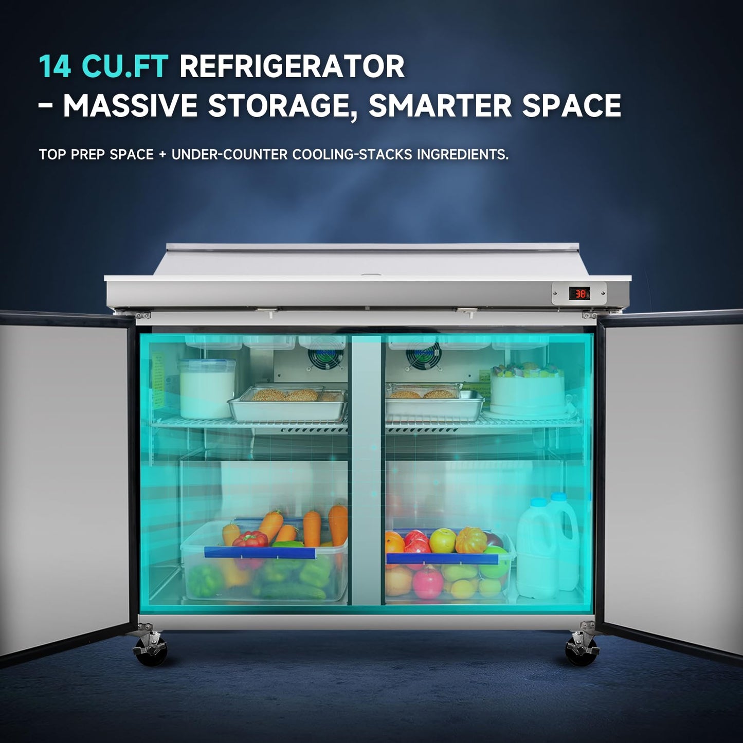 48"W Commercial Sandwich Prep Table Refrigerator - Stainless Steel Door with 12 Pans, 14 Cu.Ft Capacity, Auto Defrost, Digital Temperature Control for Restaurants, Delis, Catering & Convenience Stores