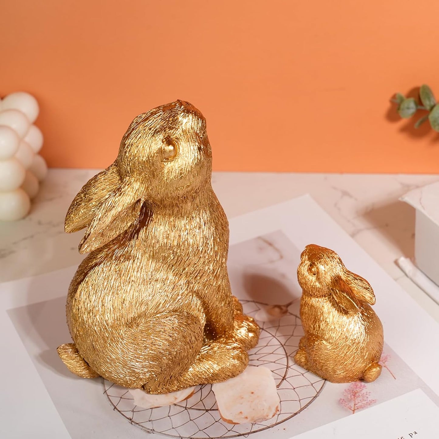 Regine Switzerland Easter Rabbit Resin Statues - Charming Outdoor Patio Decor | 2-Piece Set in Gold