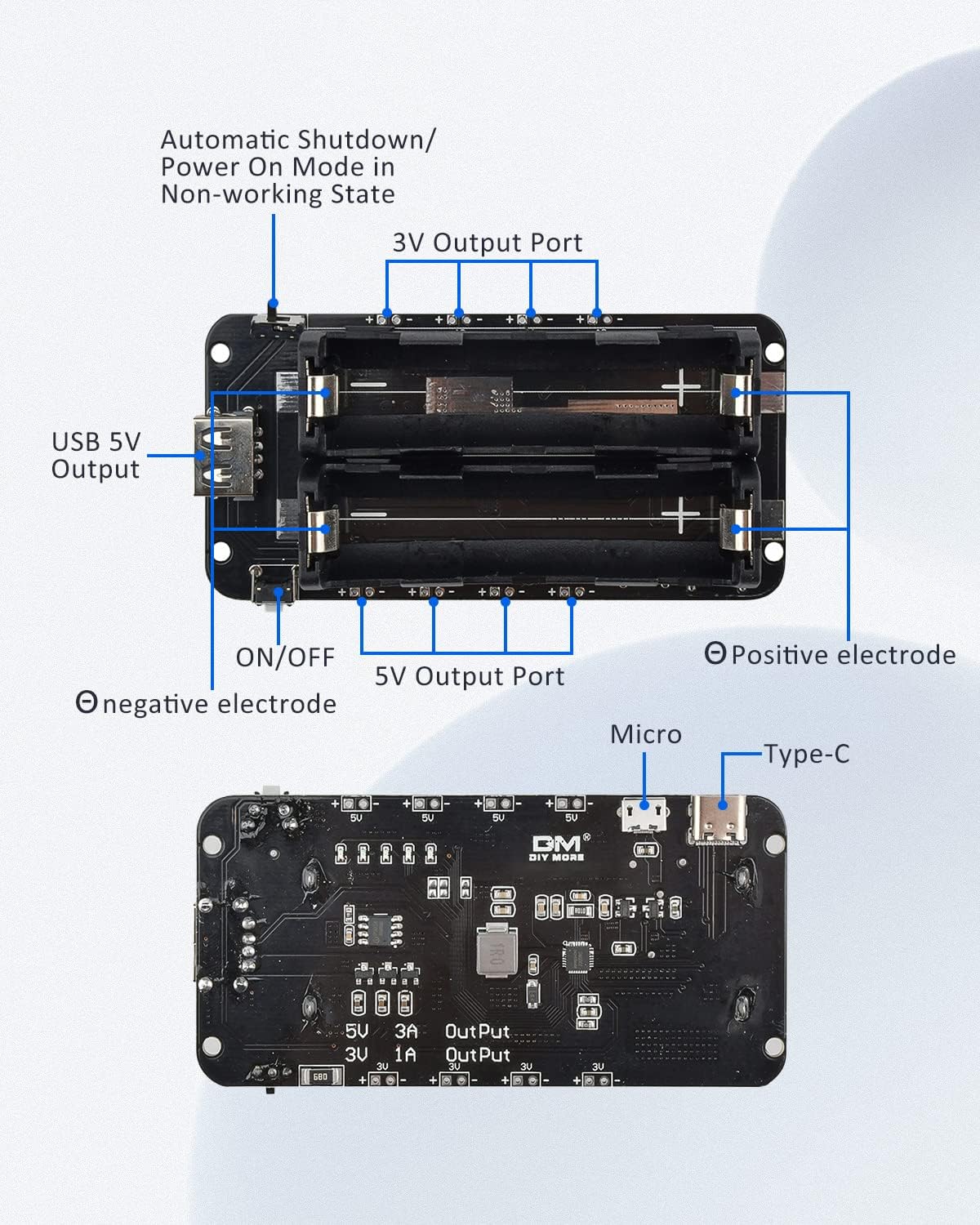 diymore 1865O V8 5V/3A 3V/1A Arduino(2 Battery Holder Double Li-ion Battery Shield Micro USB Power Bank Battery