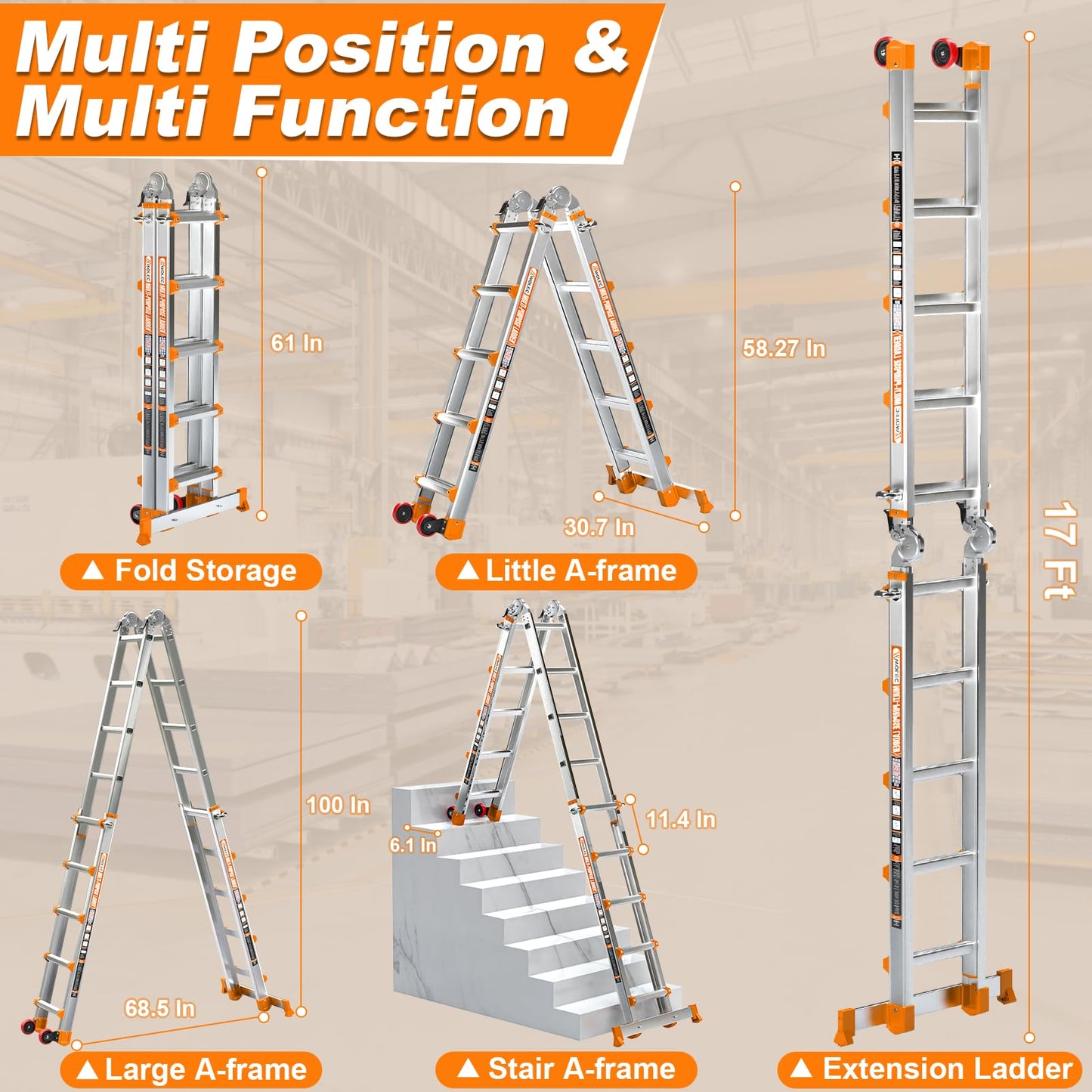 Wolec 17FT A Frame Extension Ladder, Aluminum Alloy 5-Step Ladder with Stabilizer Bar & Rolling Wheels, 330 LBS Heavy Duty, Multi-Use Ladder for Stairs Home Roof Indoor Outdoor Projects (Orange)