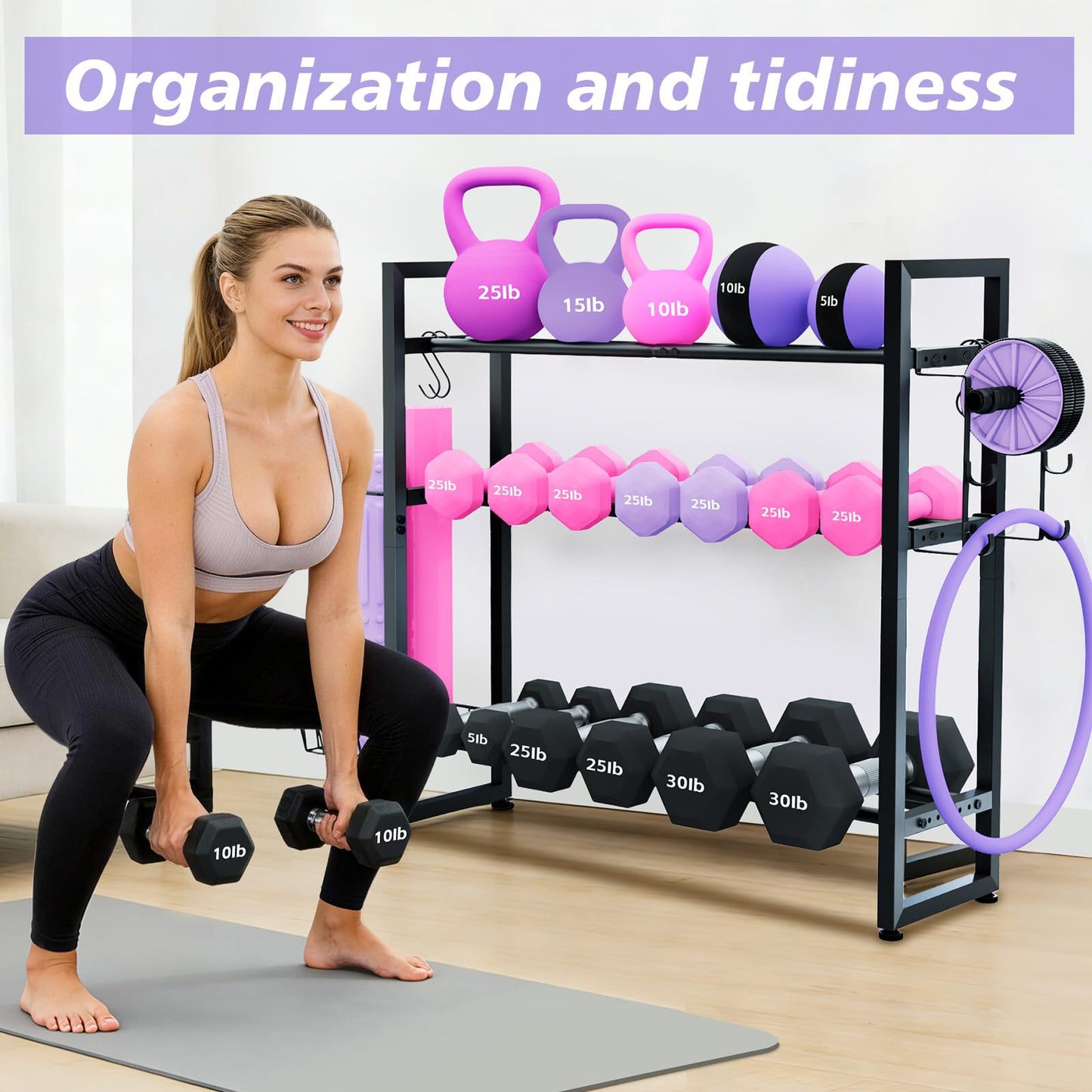 laapee 3-Tier Dumbbell Rack with 882 LBS Capacity, Multi-Purpose Weight Rack for Home Gym with Shelf and Movable Hooks, Weight Holder and Home Gym Storage Organizer for Dumbells Kettlebells Yoga Mat