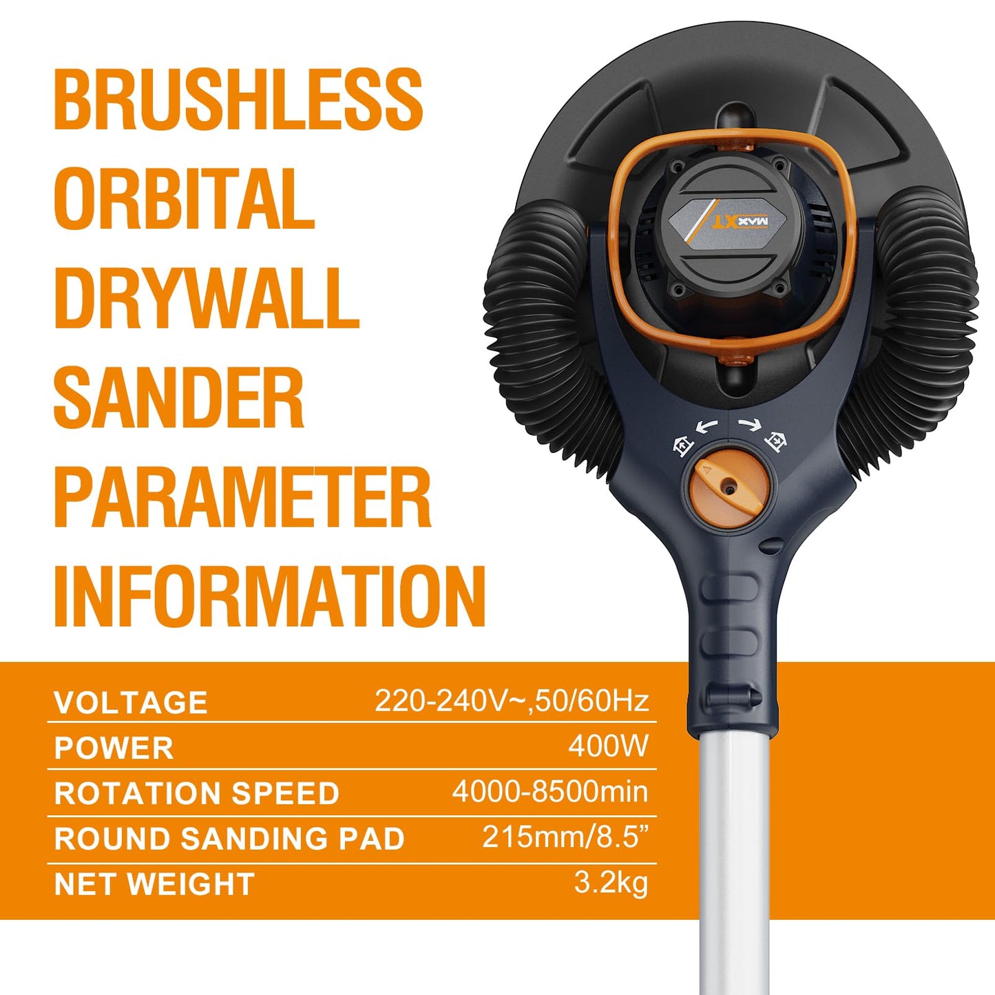 MAXXT 4mm Random Orbital Drywall Sander, Brushless 400W 3.5A Foldable Electric Wall Sander, Sander Tool with 1&2 Modes Suction Switching, Memory Variable Speed, 180° Flex Head, LED Light, Carry Bag