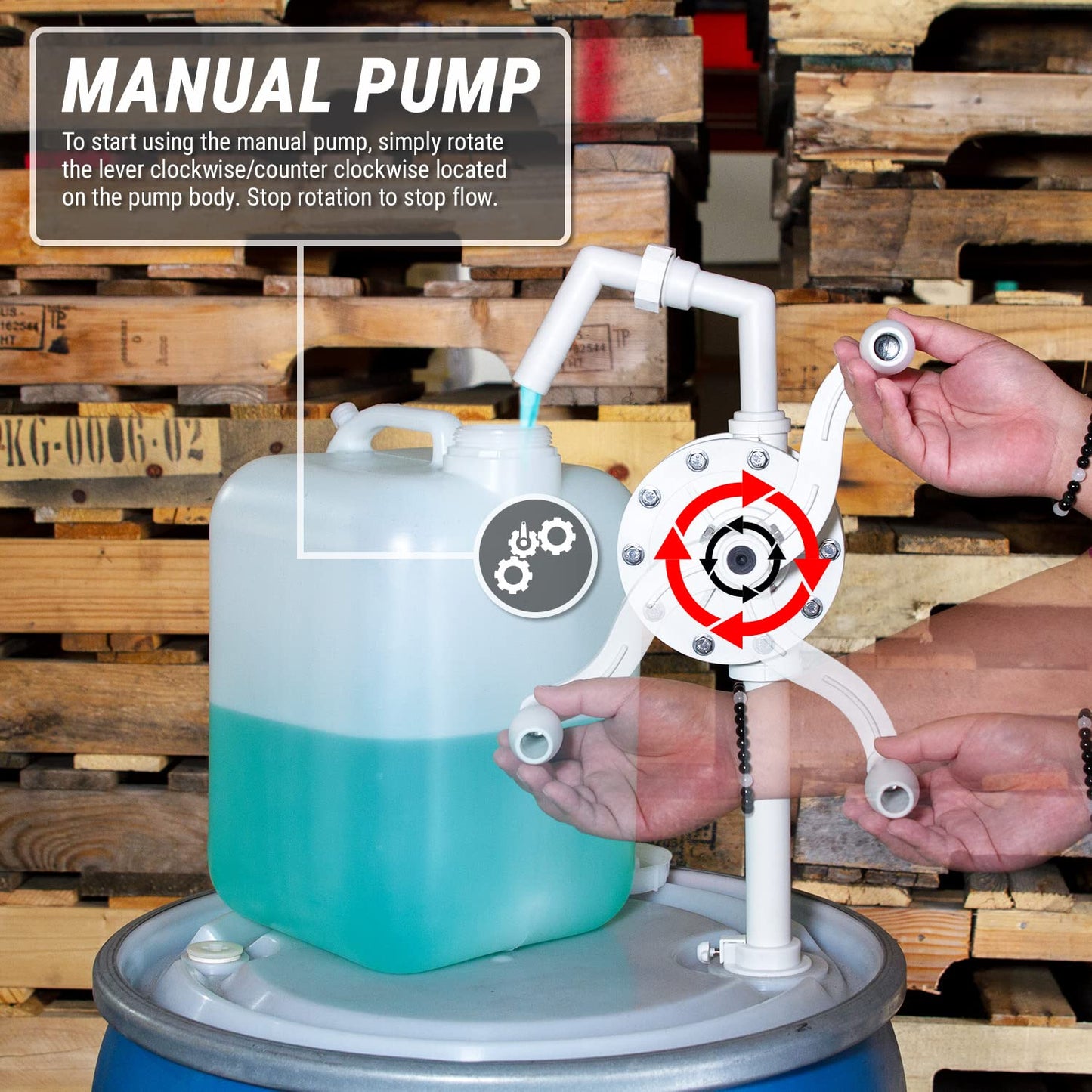 TERA PUMP Barrel Chemical Pump for 55 Gallon Barrel, Heavy Duty Polypropylene, Hand Crank Action Pump, 10 GPM, Corrosion Resistant, Fits 15 to 55 Gallon Drums, for Chemicals, DEF, Hydraulic Fluid