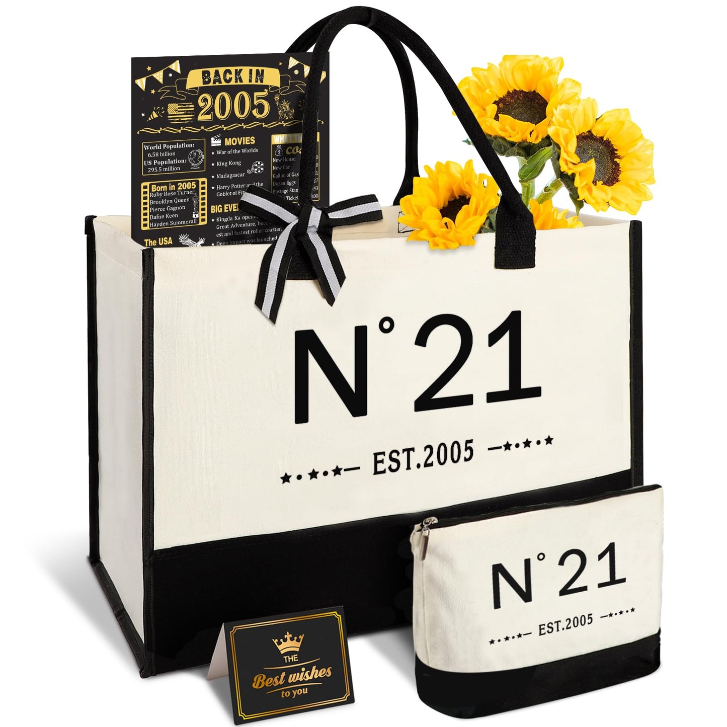 YeohJoy 21st Birthday Gifts for Her Reusable Grocery Bag, Unique 21 Years Old Birthday Gifts for Daughter Friends Girlfriend Classmates Sister Her, EST.2005 Bag & Makeup Bag & Back in 2005 Poster