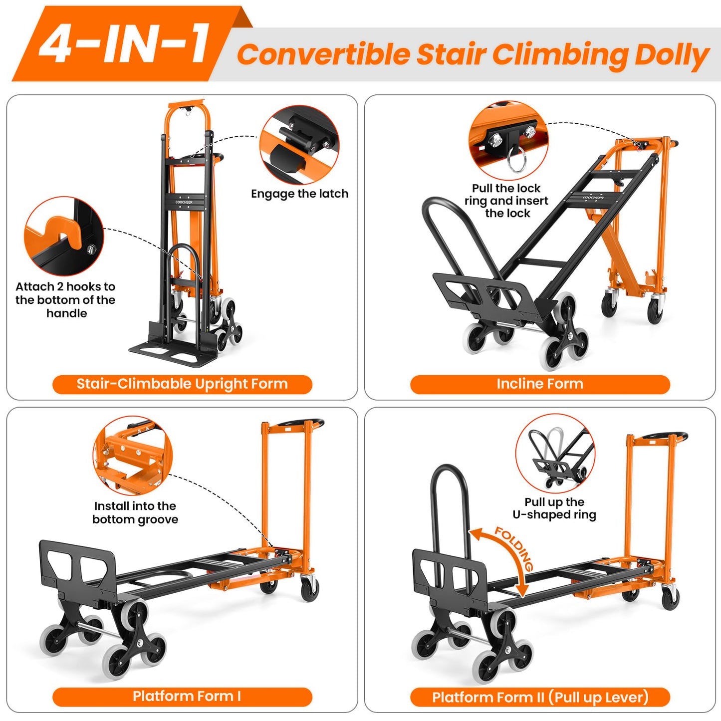 Heavy Duty Stair Climbing Hand Truck - 1000 LBS Capacity 4-in-1 Convertible Dolly Cart, Foldable Platform Utility Cart for Moving Boxes, Industrial Grade Steel Construction(Orange)