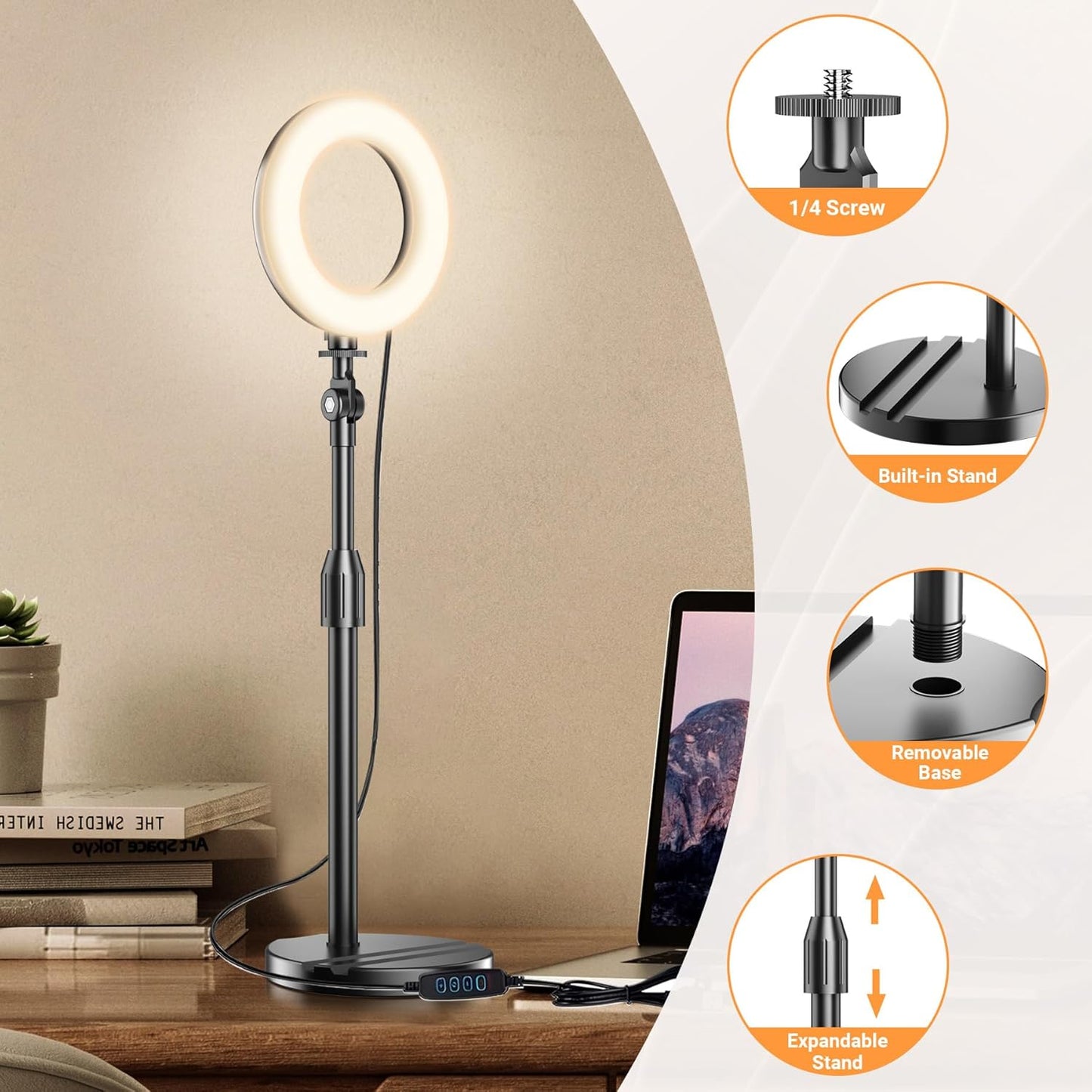 Mionondi 5'' Portable Travel Ring Light for Laptop Zoom Video Conference, Bright Circle Light with Extendable Stand