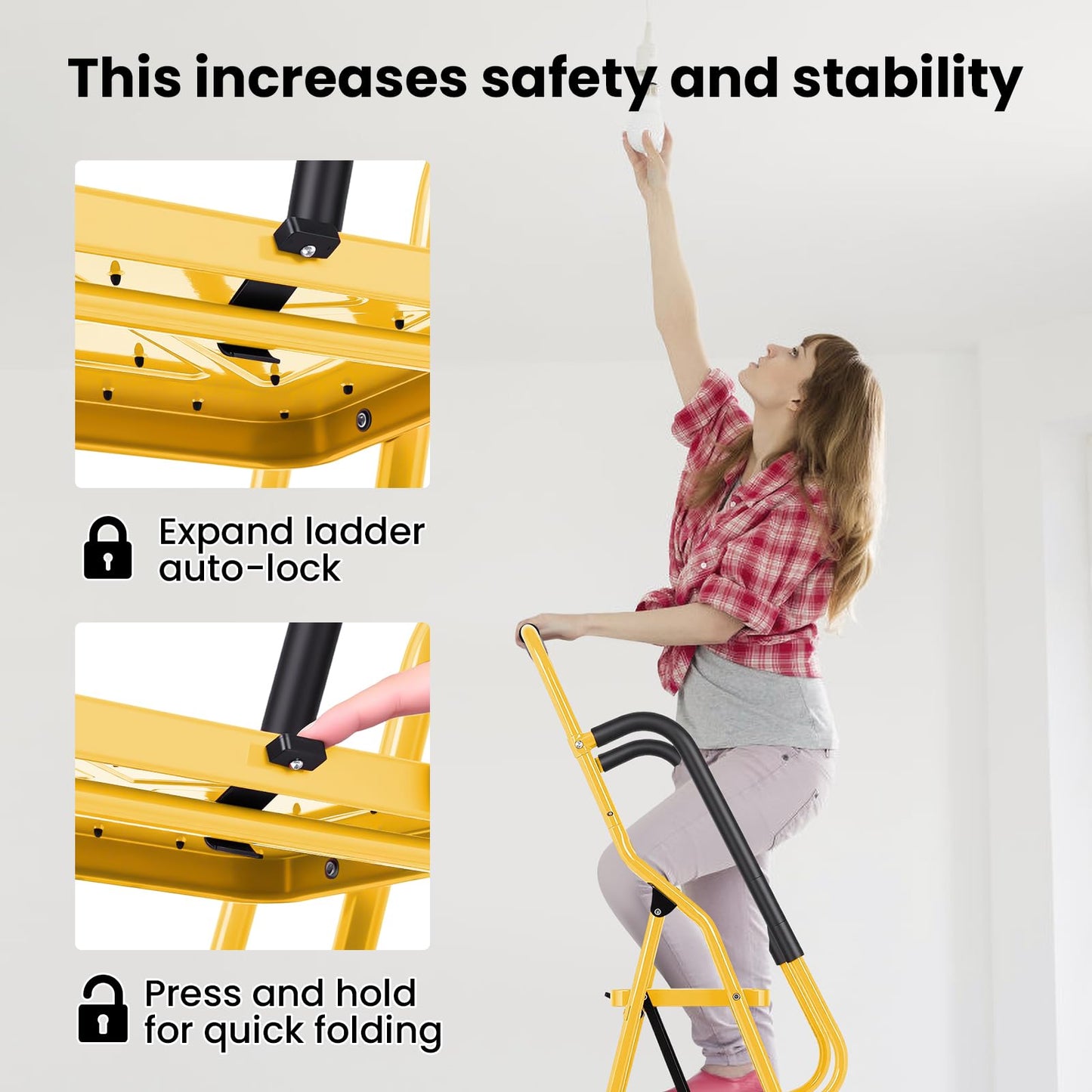 Step Ladder 4 Step Folding with Handrails, Sturdy Steel Portable Ladder, Folding Step Stool with Wide Anti-Slip Pedal, Lightweight Step Stool Foldable for Library Home Garage Office,Yellow