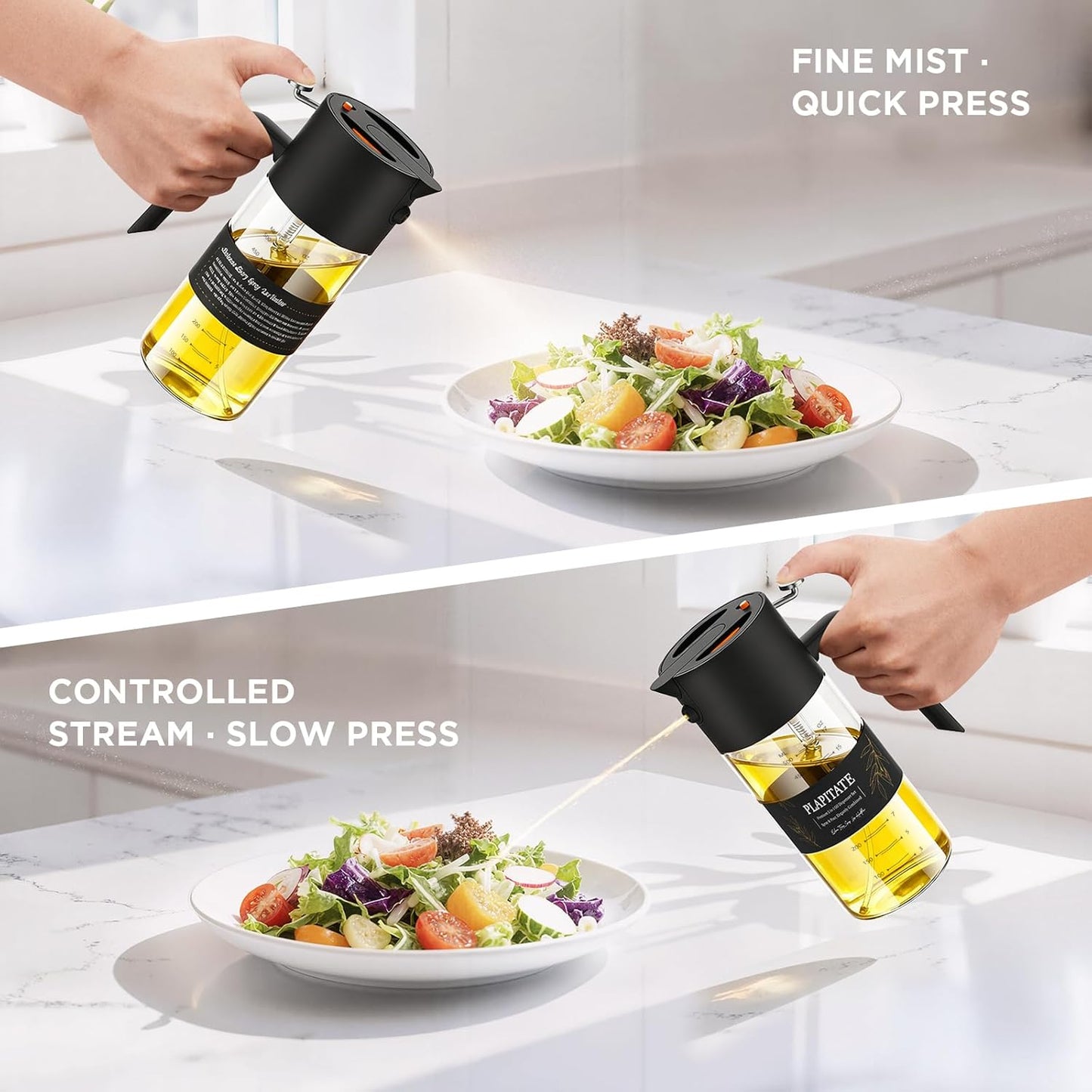 PLAPITATE Premium Olive Oil Sprayer - 17oz Glass Dispenser with Portion Control for Cooking | Black