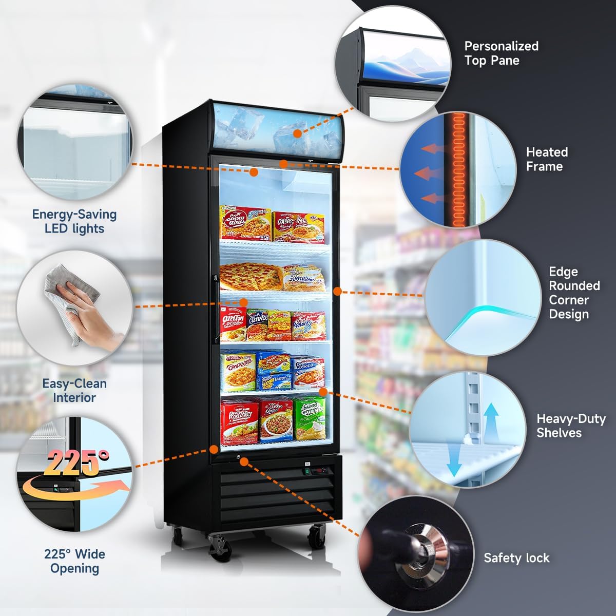 81" Commercial Upright Freezer with 3 Glass Door, 70 Cu.Ft Display Freezer Upright, -8~-1℉, Reach-in Fan Cooling Freezer with 12 Shelves & LED Top Panel for Restaurant Diner Bar, ETL Approved