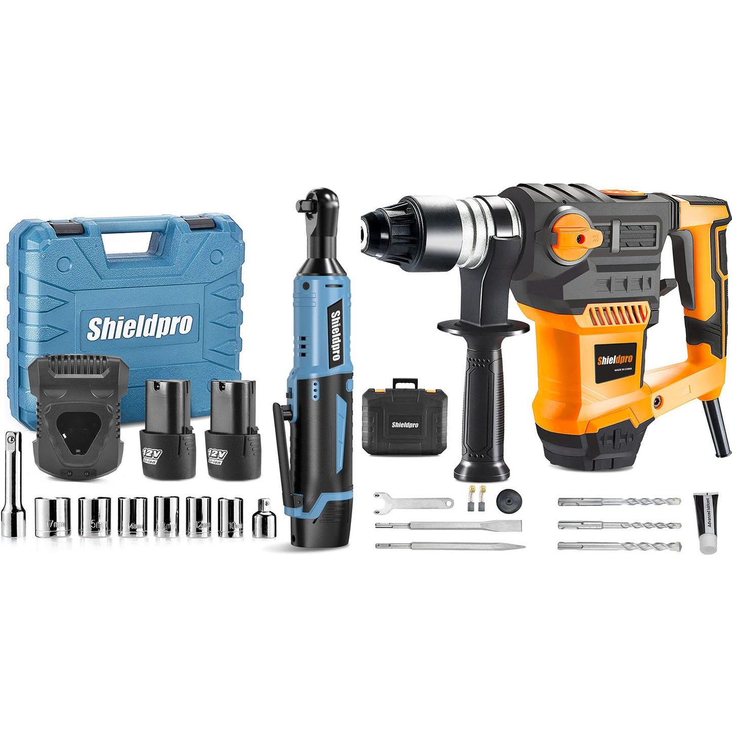 SHIELDPRO 1-1/4 Inch SDS-Plus 13 Amp Rotary Hammer Drill, Cordless Electric Ratchet