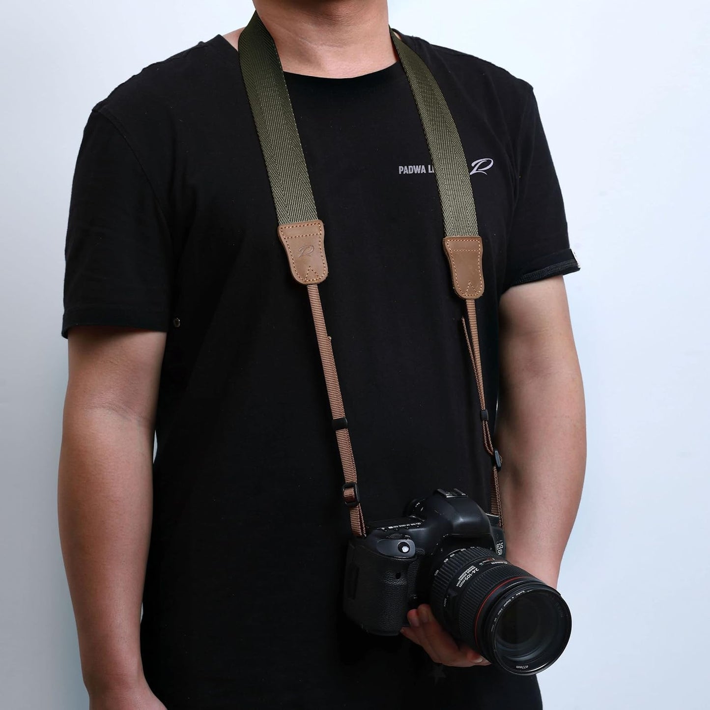 Ends,1.5"Wide Olive Green Camera Strap,Double Layer top-grain Cowhide Pure Cotton Woven Camera Strap,Adjustable