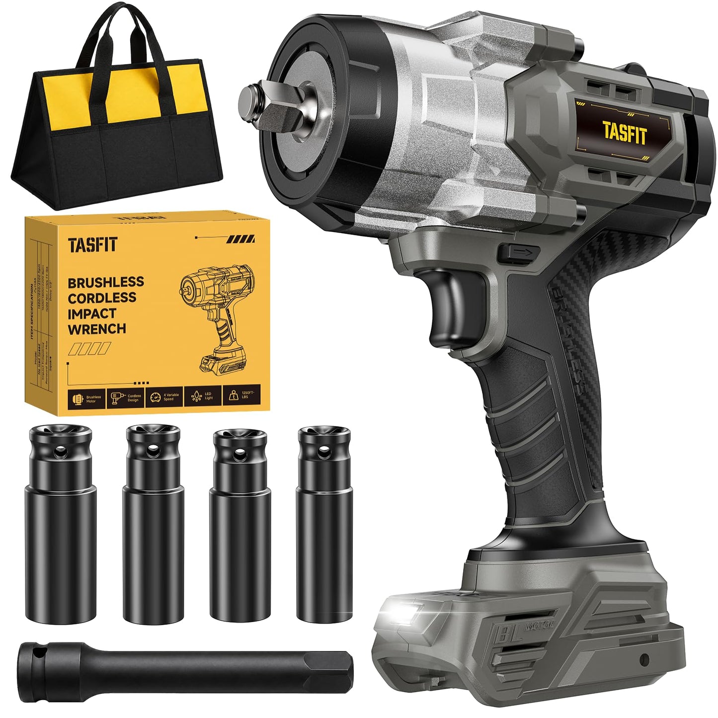 TASFIT Cordless Impact Wrench 1/2", Compatible with DeWalt 20V Battery, 1500N.m(1106Ft-Lbs) High Torque Brushless Electric Impact Gun with 3-Speed, Heavy Duty Impact Driver (Bare Tool & NO Battery)