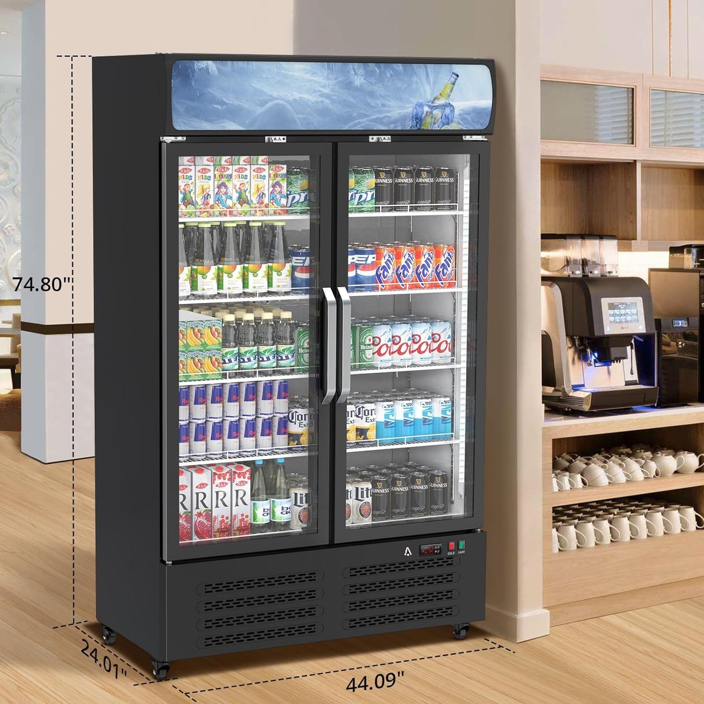 ACONEE Commercial Merchandiser Refrigerator, 25.3 cu ft Capacity Glass Door Upright Display Fridge, Commercial Display Refrigerators with LED Top Panel, Display Refrigerator Drink Cooler Case for Shop