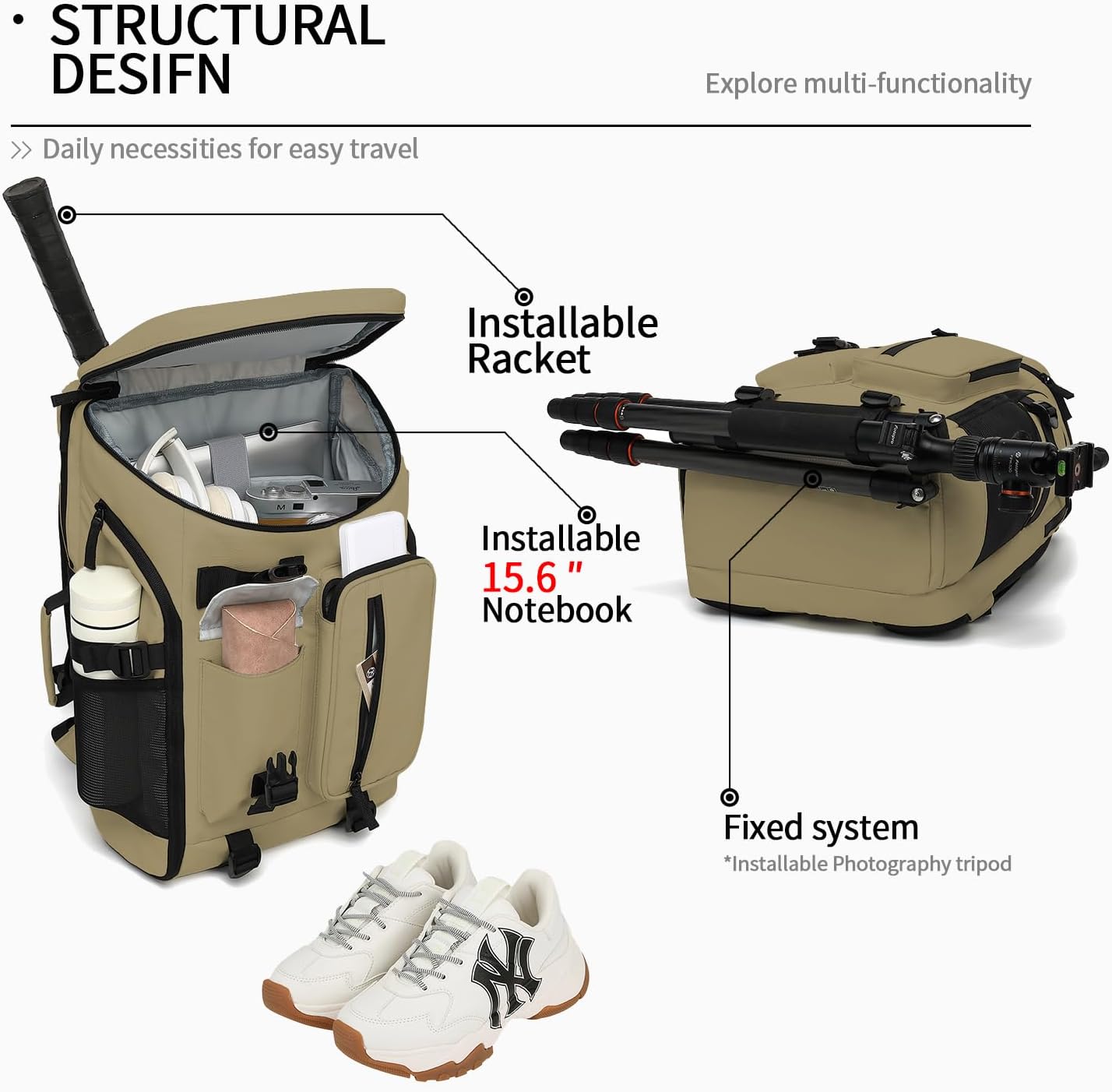 Backpack 4-Way Kalesi Gym Duffle Tennis Bag Waterproof with Shoes Compartment for travel Sport Hiking laptop (Wood
