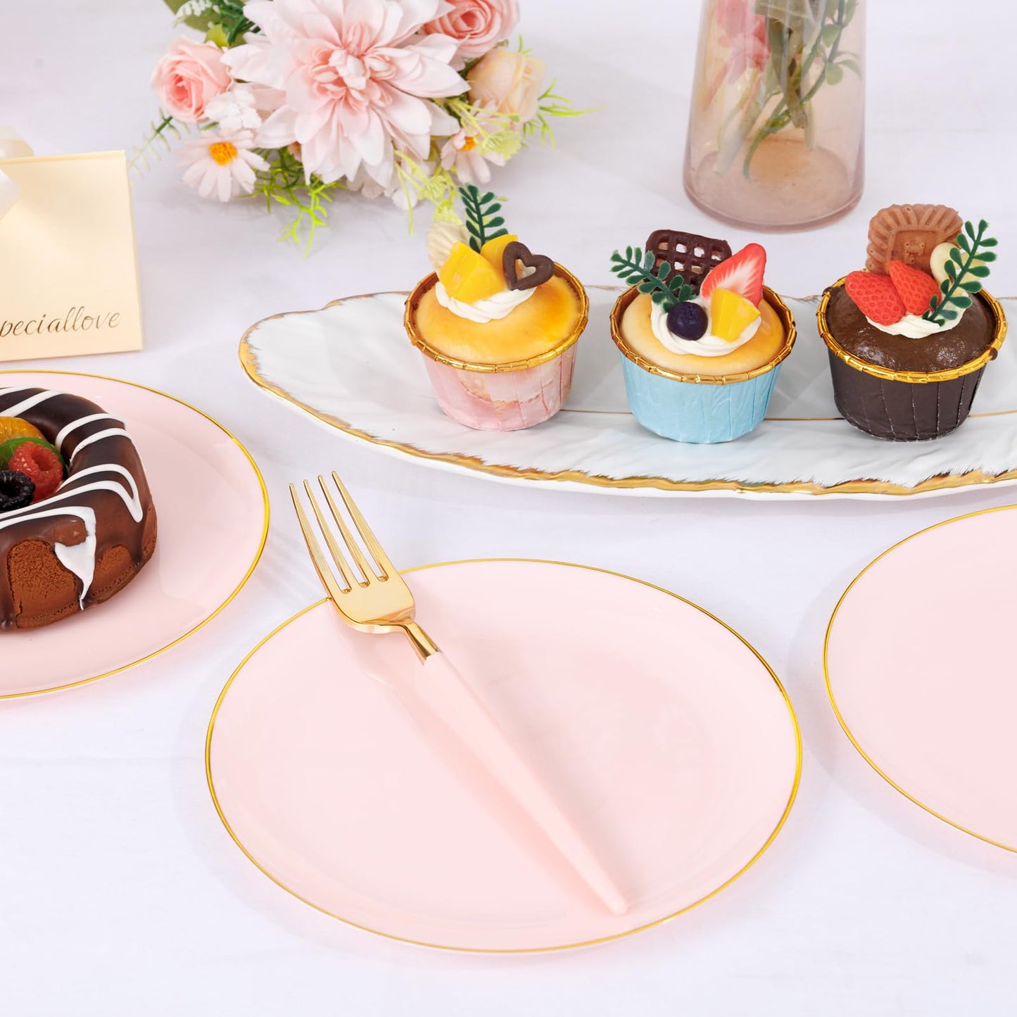 LIYH 96 Pcs Pink Gold Disposable Dessert Plates & Forks Set - 7.5 Inch Salad Cake Appetizer Plastic Plates for Parties, Birthdays, Baby Showers 48 Guests