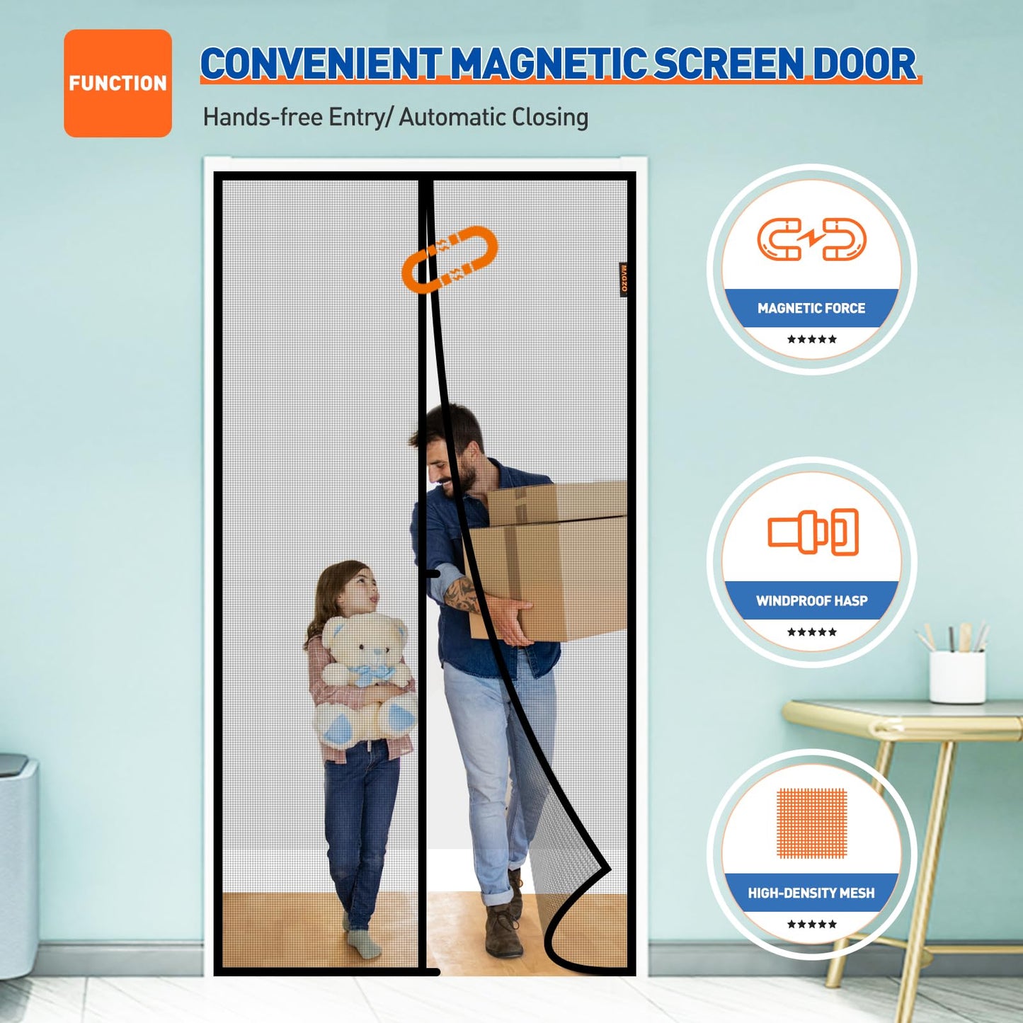 MAGZO Magnetic Screen Door Fit Door Size 36 x 80 Inch, Screen Size 38" x 81" Strong Magnets Mesh, Reinforced Fiberglass Net for Patio and Front Entrances, Gray