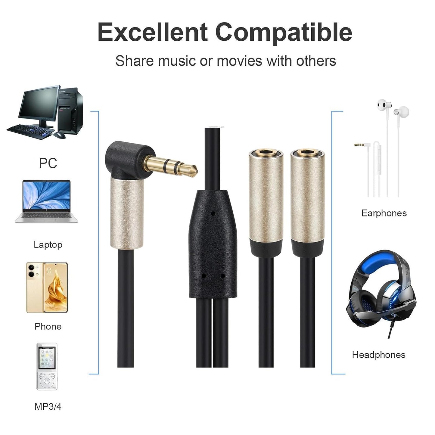 Cable,90 3.5mm 2 MP3 (90 Halokny Audio Splitter Degree Right Angle Male to Female Jack Headphone Audio Stereo Y