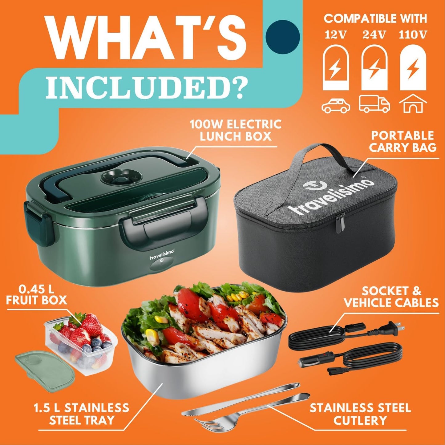 Travelisimo Electric Lunch Box - 100W Heated Portable Food Warmer for Adults | 1.5L Stainless Steel, Ideal for Travel & Work
