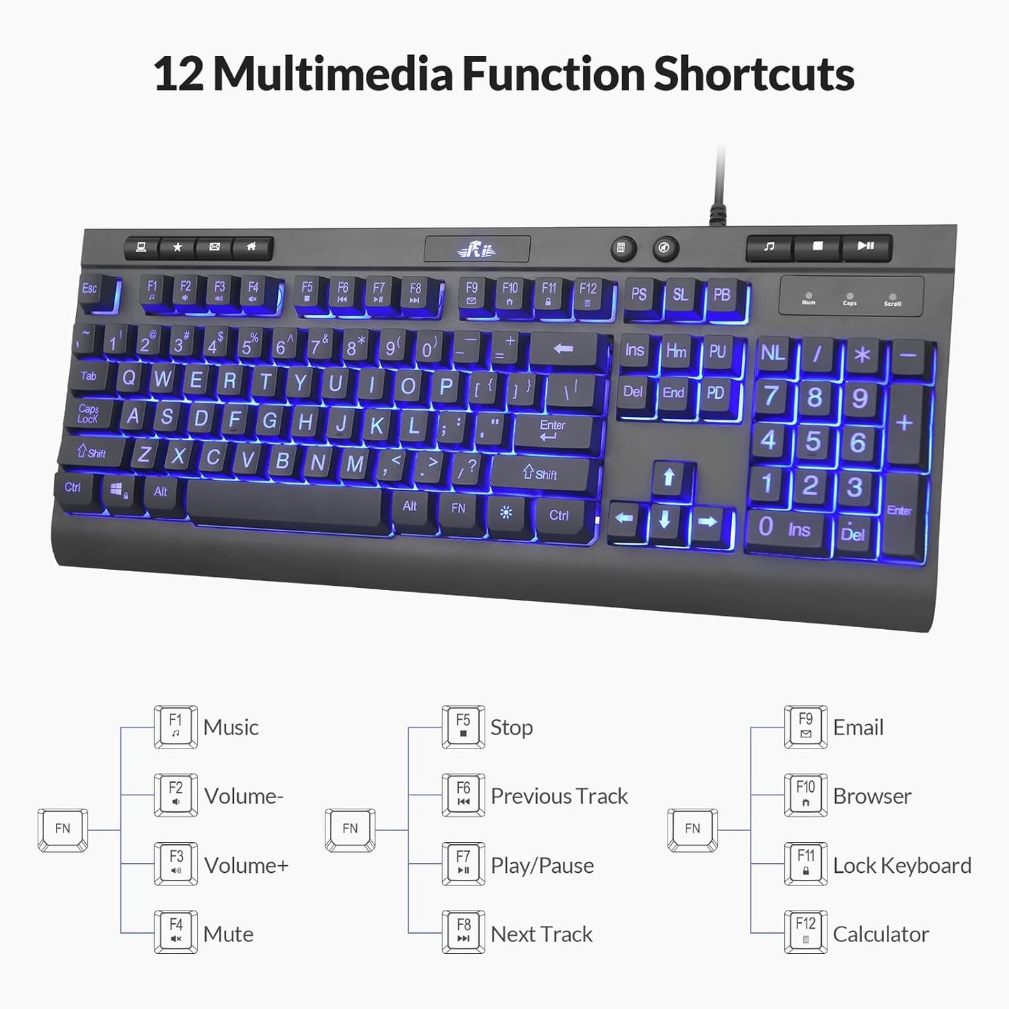 Rii RK900Pro Large Print Backlit Keyboard,Wired USB Full Size Computer Keyboard with Blue Backlight, Compatible