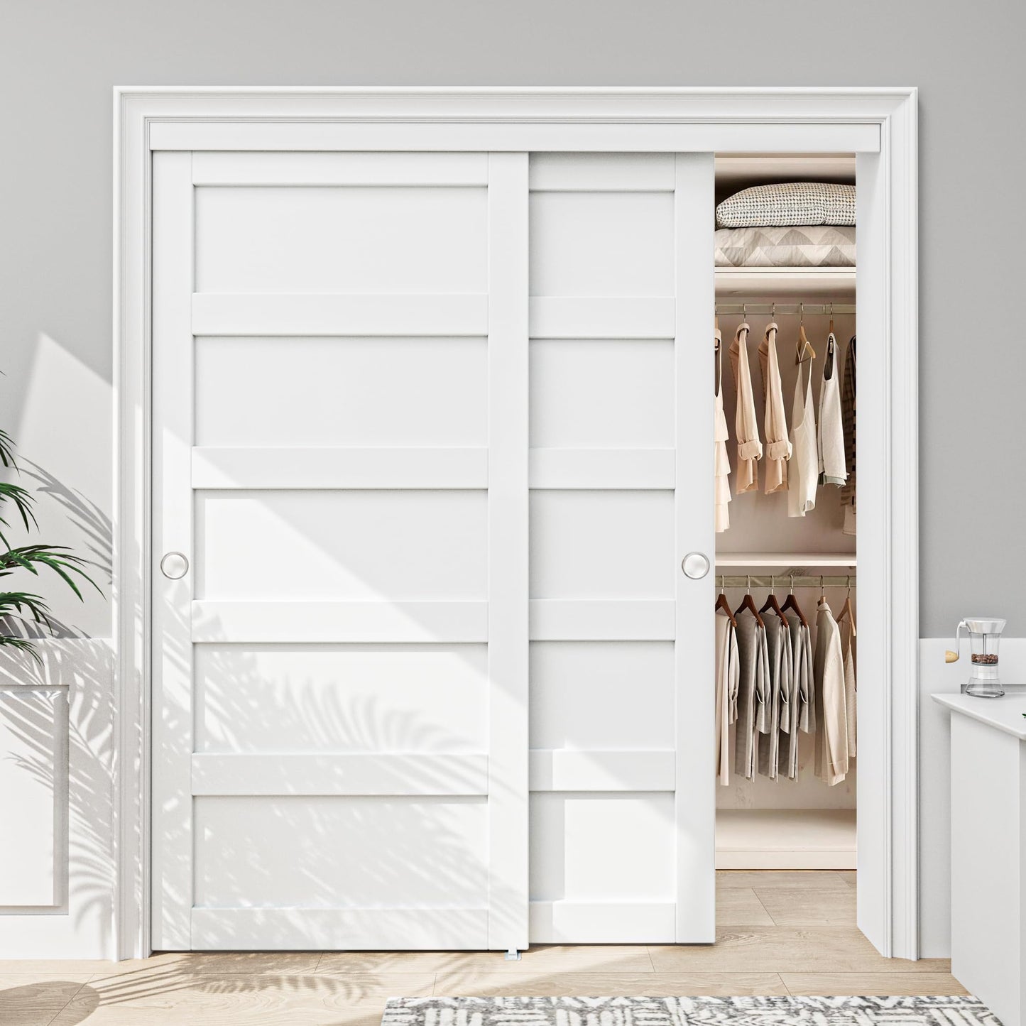 Paintable Sliding Closet Doors, 72" x 80" Bypass Slidng Door Panels with Hardware Kit, 5-Lite Panle Door Slab Shaker for Bedroom/Closet/Barn - Assemble Required