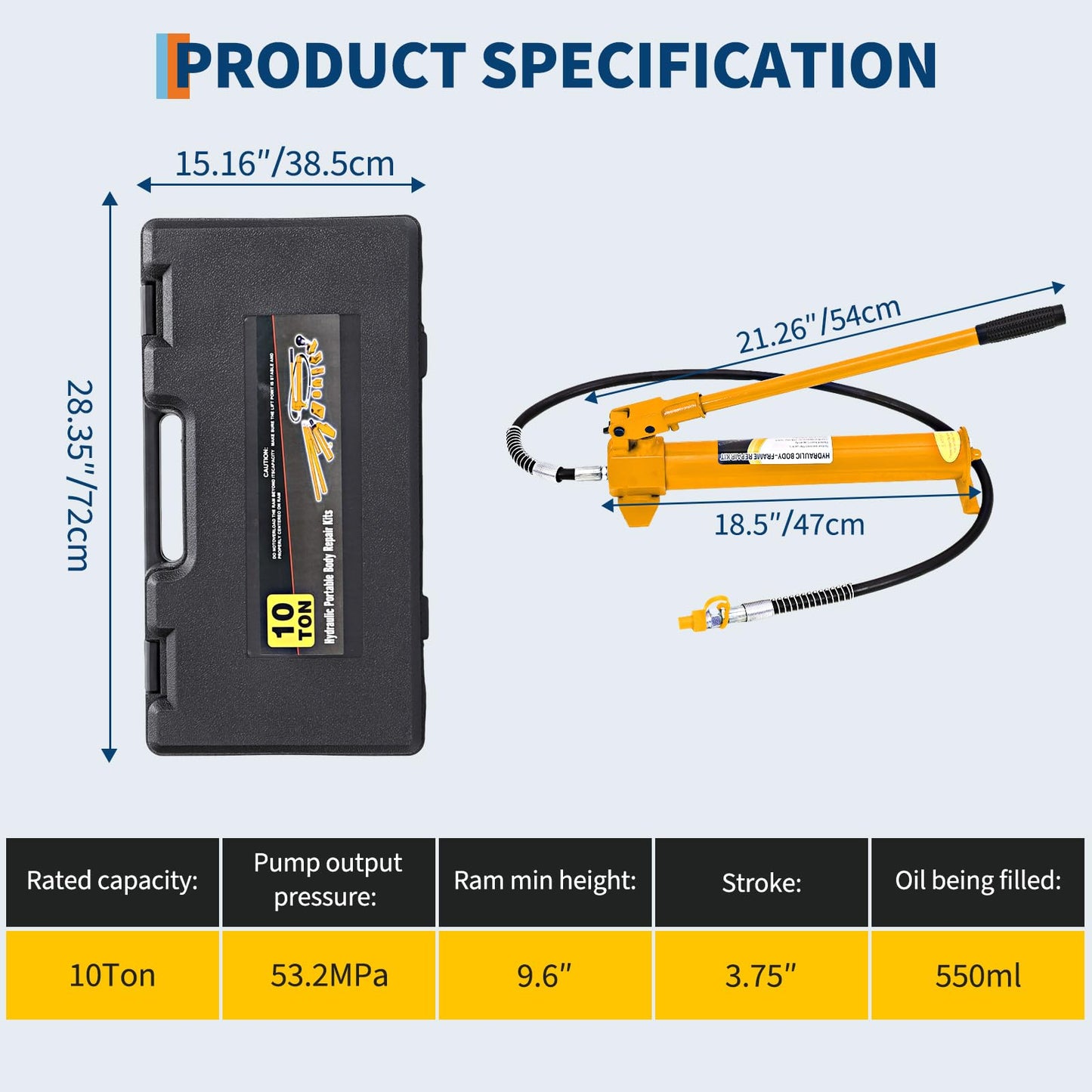 12 Ton Porta Power Hydraulic Jack Kit, Multifunction Auto Body Frame Repair Tool Set with 4.6 ft Oil Hose, Heavy-Duty Ram Spreader Attachments, Blow-Molded Storage Case for Car/Truck/Garage, Yellow