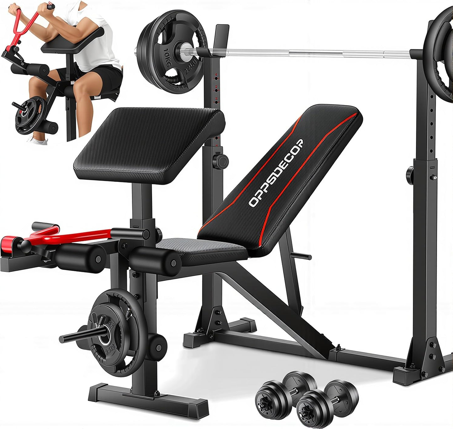 OPPSDECOR 3.0 Pro Weight Bench Set for Home Gym, ASTM-Certified 900 LBS Bench Press Set with Leg Extension, Preacher Curl Pad, Barbell Rack, J-Hooks and Safety Bar Catches for Full Body Workout