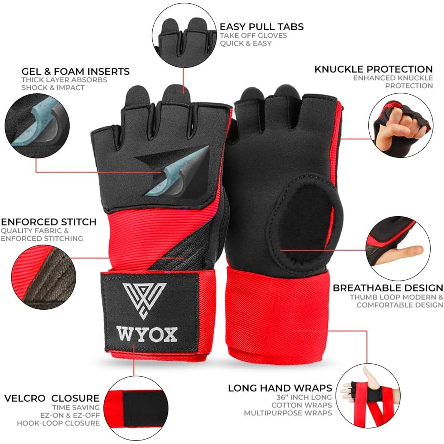 WYOX Gel Boxing Hand Wraps Inner Gloves for Men & Women, 80cm Quick Wrist Straps, Padded Knuckle Protection for Muay Thai Kickboxing, Hand Wraps for Boxing & Martial Arts (Red, L/XL)
