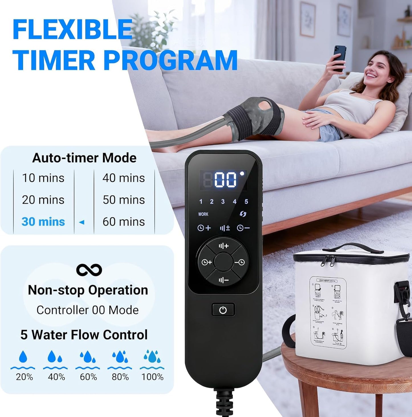 Ice Machine for Knee After Surgery - Programmable Timer Cold Therapy Machine, Portable, Quiet Pump, 12H Cooling, Knee Replacement Recovery System, Cryotherapy Pain Relief & Swelling, ACL Recovery