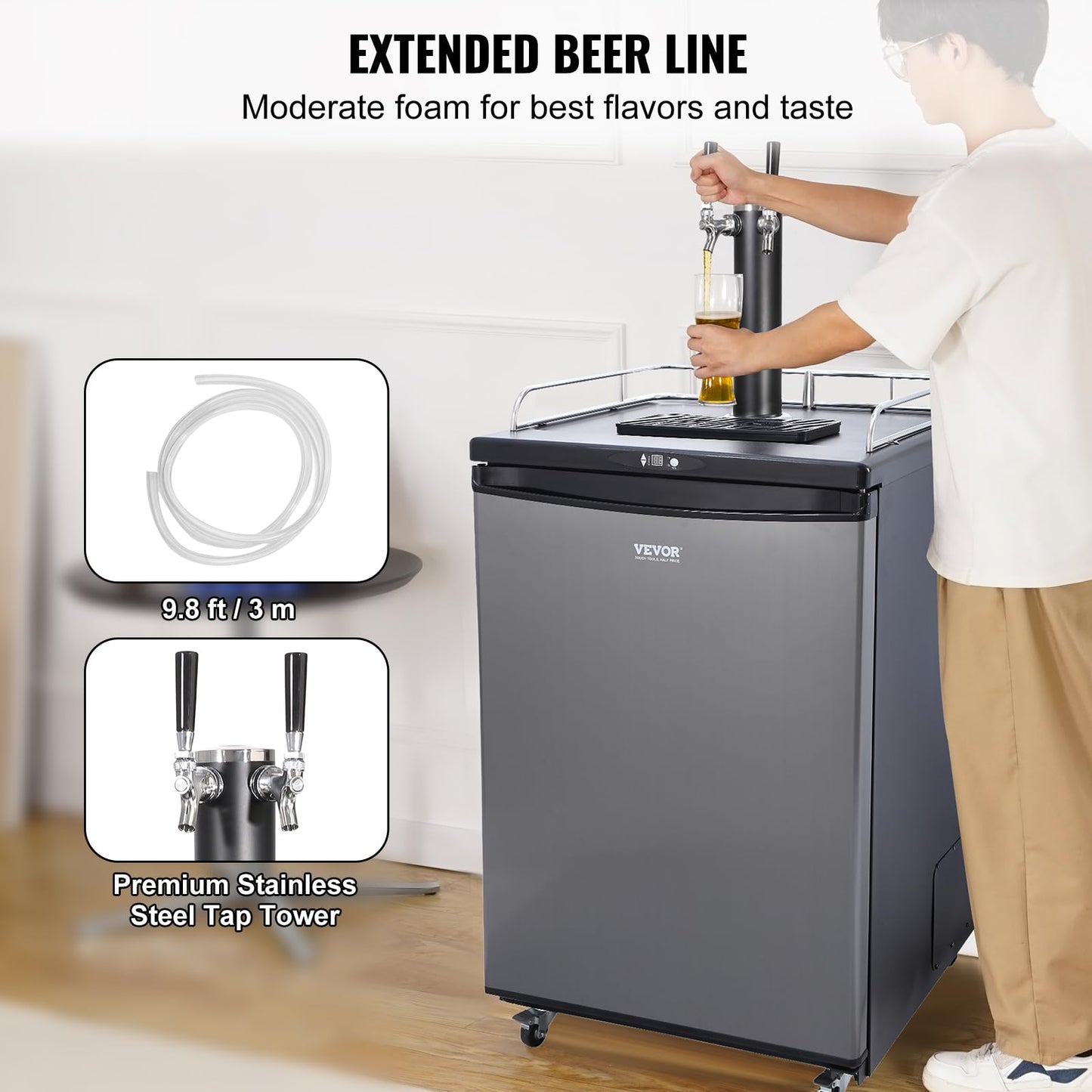 VEVOR Beer Kegerator, Dual Tap Commercial Draft Beer Dispenser for D system, Full Size Keg Refrigerator with 5lbs CO2 Tank, Hold 2 Sixth / 3 Ball lock keg, Silver