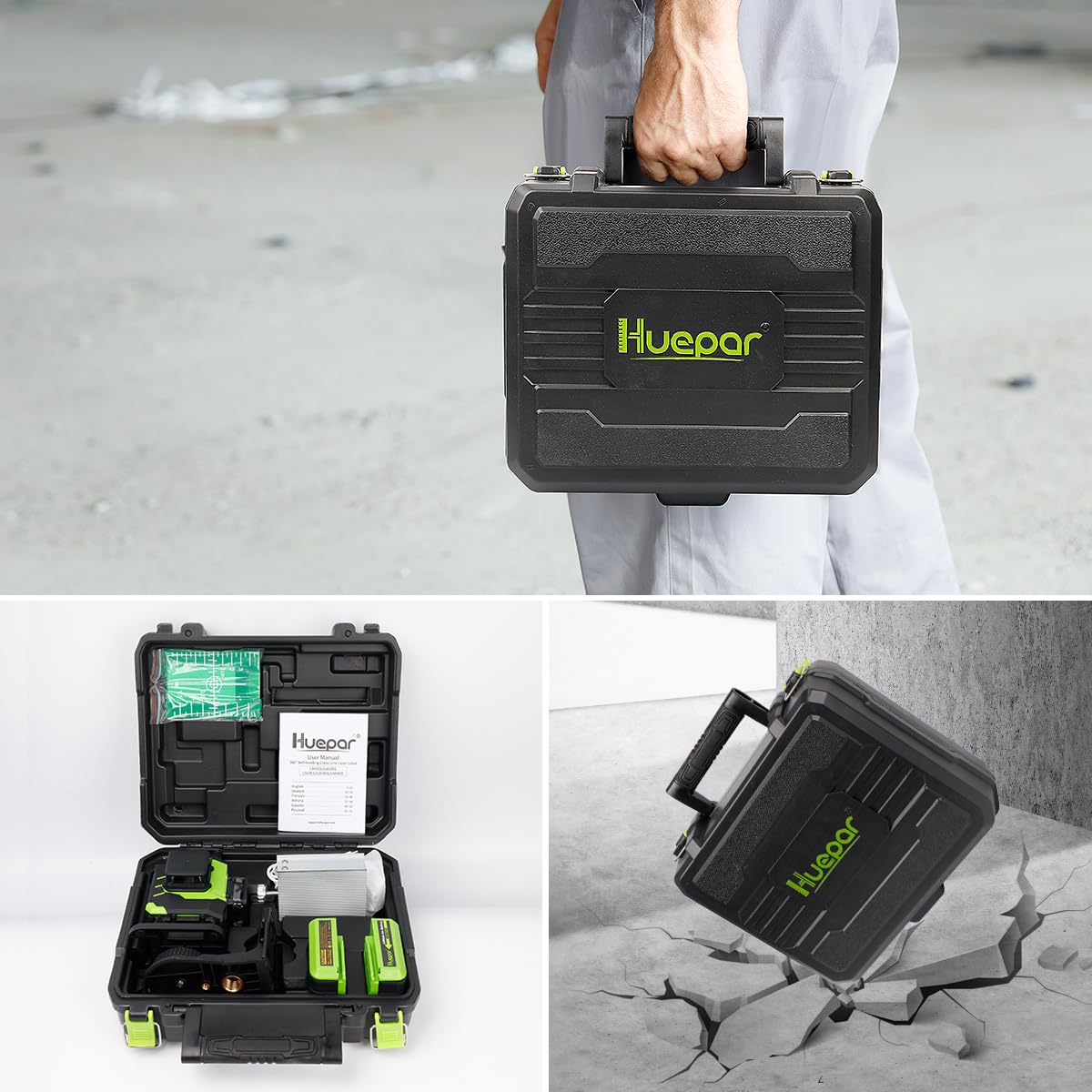 Huepar Laser Level 360 Self Leveling, Rechargeable Green Laser 4x360° Cross Line Lazer Leveler 4D Level Laser Tool for Construction with Two Li-ion Batteries, Magnetic Bracket &Hard Carry Case -LS04CG