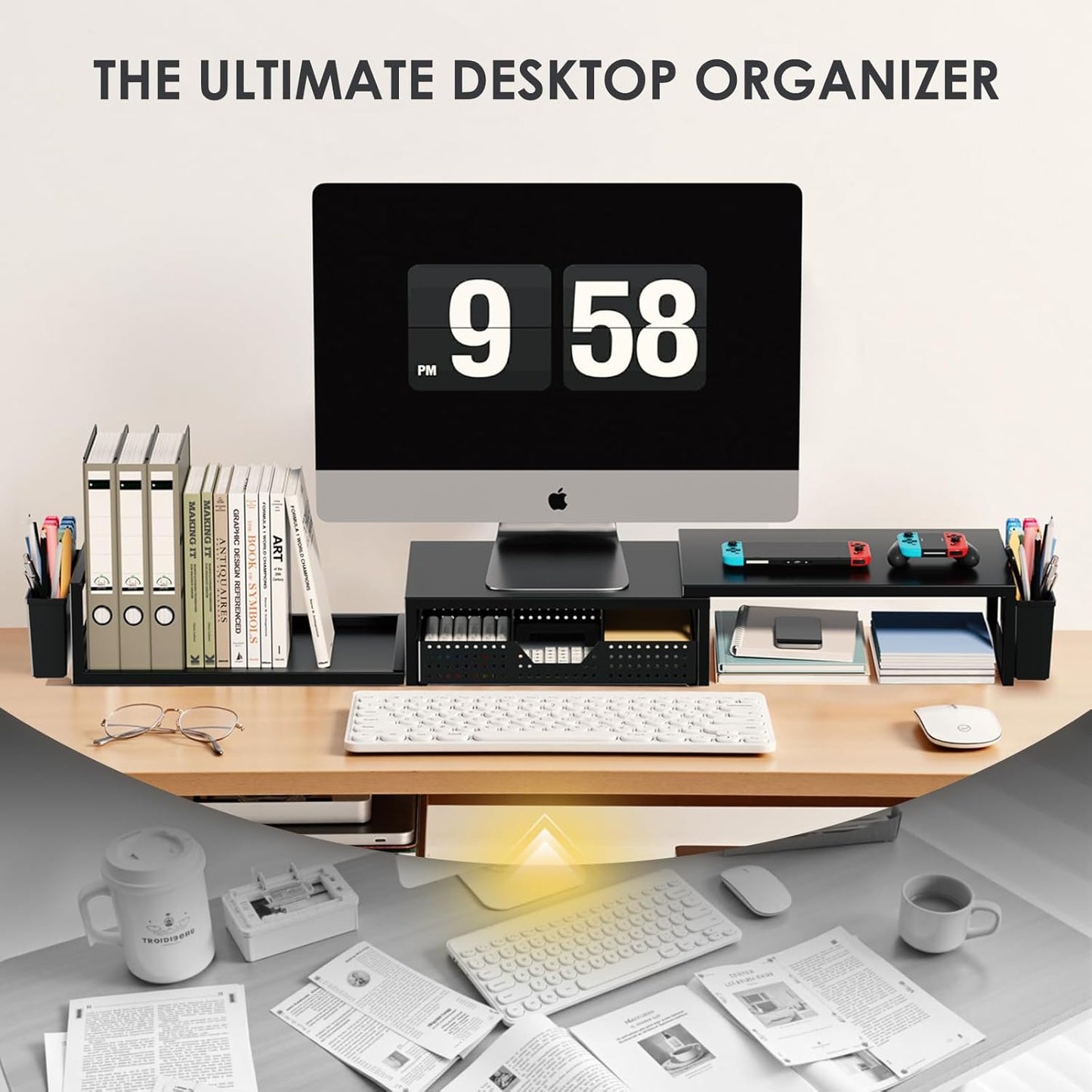 2 OPNICE Desk Organizers and Accessories, Dual Monitor Stand Riser with Drawer and Pen Holders, Desk Shelf Metal