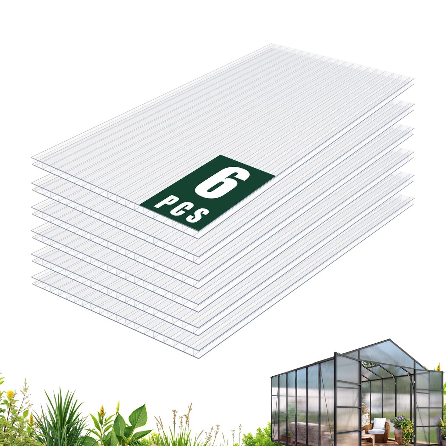 Vigo huseeo 6 PCS Polycarbonate Greenhouse Panels, 60''X 24''X 0.24'' Twin-Wall Roof Panels Sheets, Waterproof UV Protected Plastic Roof Sheeting for Greenhouse Covering