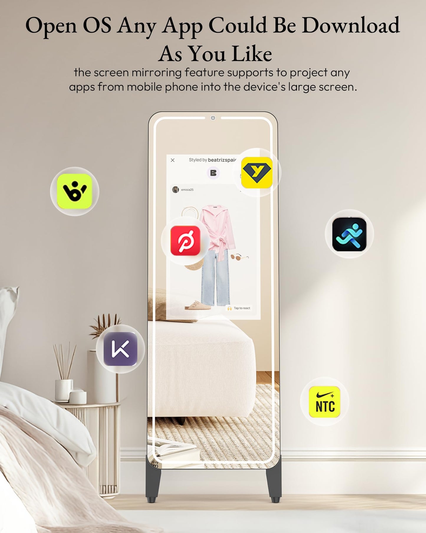 HARZHI 32 Inch Smart Gym Mirror, HD Touch Screen, Android OS, No VIP Fees, Voice Control, Music Sync LED Light Strip, Perfect for Home Gym/Yoga