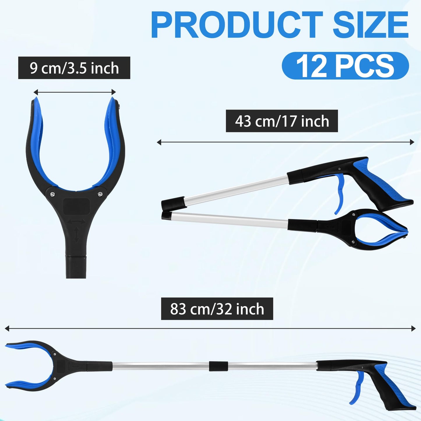 Tottist 12-Piece Heavy-Duty Trash Collection Tool - 32-Inch Lightweight Telescopic Grabber Ergonomic Handle, Non-Slip Grip | Multi-Purpose Mobility Aid for Seniors
