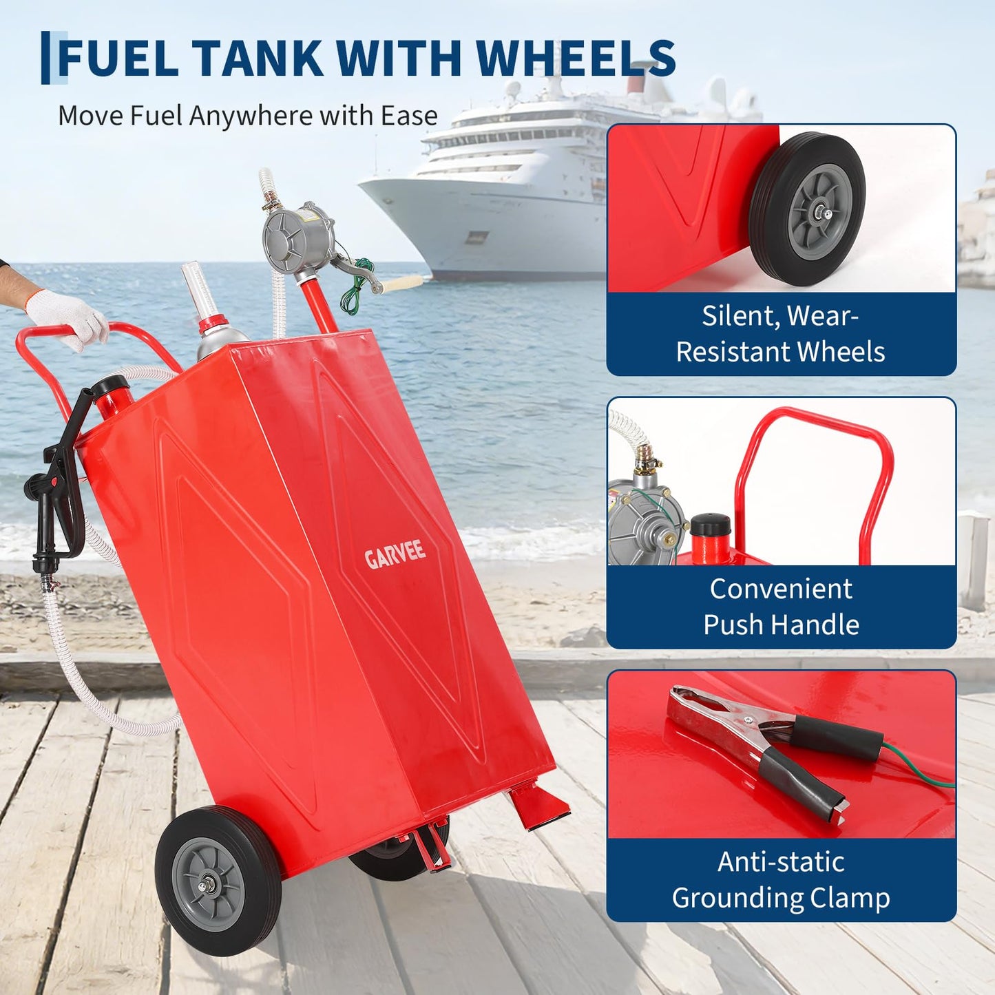 35 Gallon Fuel Gas Caddy Storage Tank, Portable Gas Caddy with Wheels, Manual Rotary Transfer Pump, Fuel Hose, Wide Fill Opening, Vent and Level Gauge, Mobile Gasoline Diesel Transfer Tank for ATV, Mower, Tractor, Car, Boat