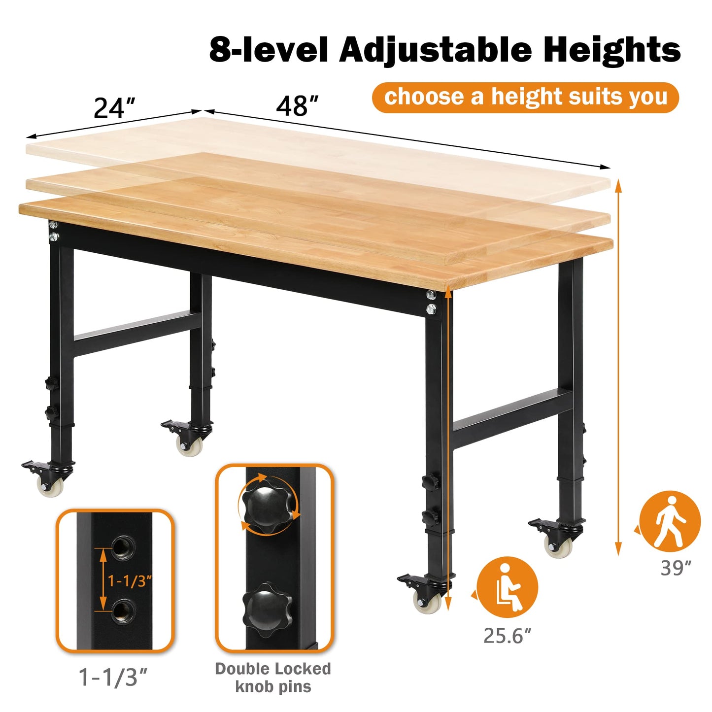 Betterhood 48" Heavy-Duty Adjustable Workbench for Garage, Rubber Wood Shop Table W/Metal Wheels, Hardwood Workstation Weight Capacity Over 2000 Lbs with Wheels
