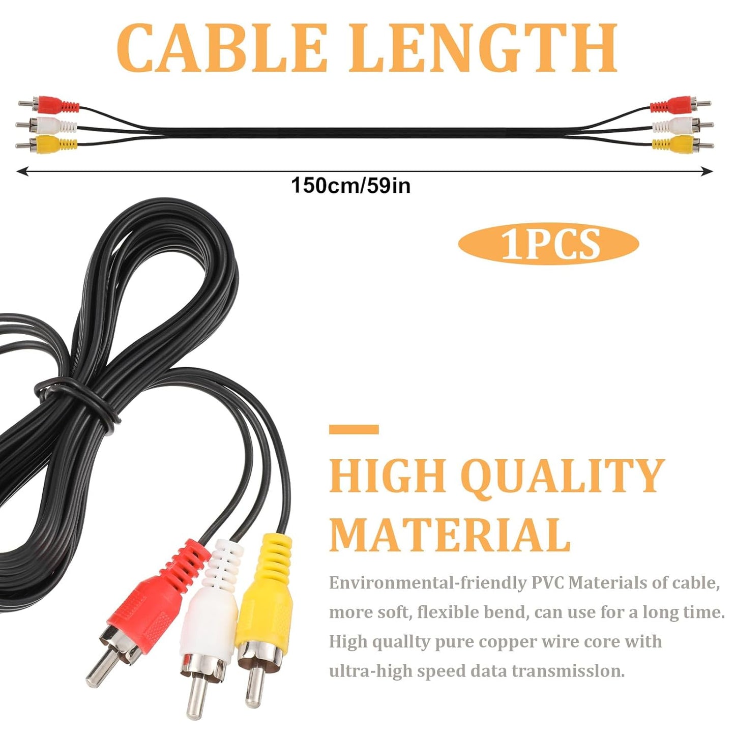 FdcLixuvol 5FT 3 3 RCA Audio Video Composite Cable, AV Cable Red/White/Yellow Male to Male for TV, DVD, VCR, Projector