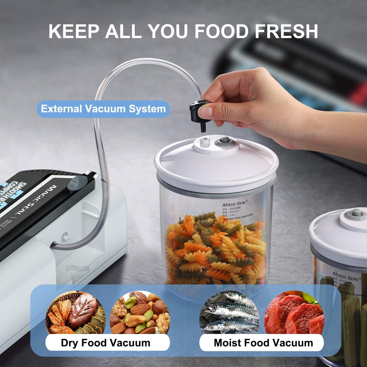 MAGIC SEAL Nozzle Vacuum Sealer Machine for Mylar bags & Smooth Flat Bags - 220W Food Sealer with Adjustable Air & Seal Settings, Auto/Manual Modes (Not for Textured) -MS175