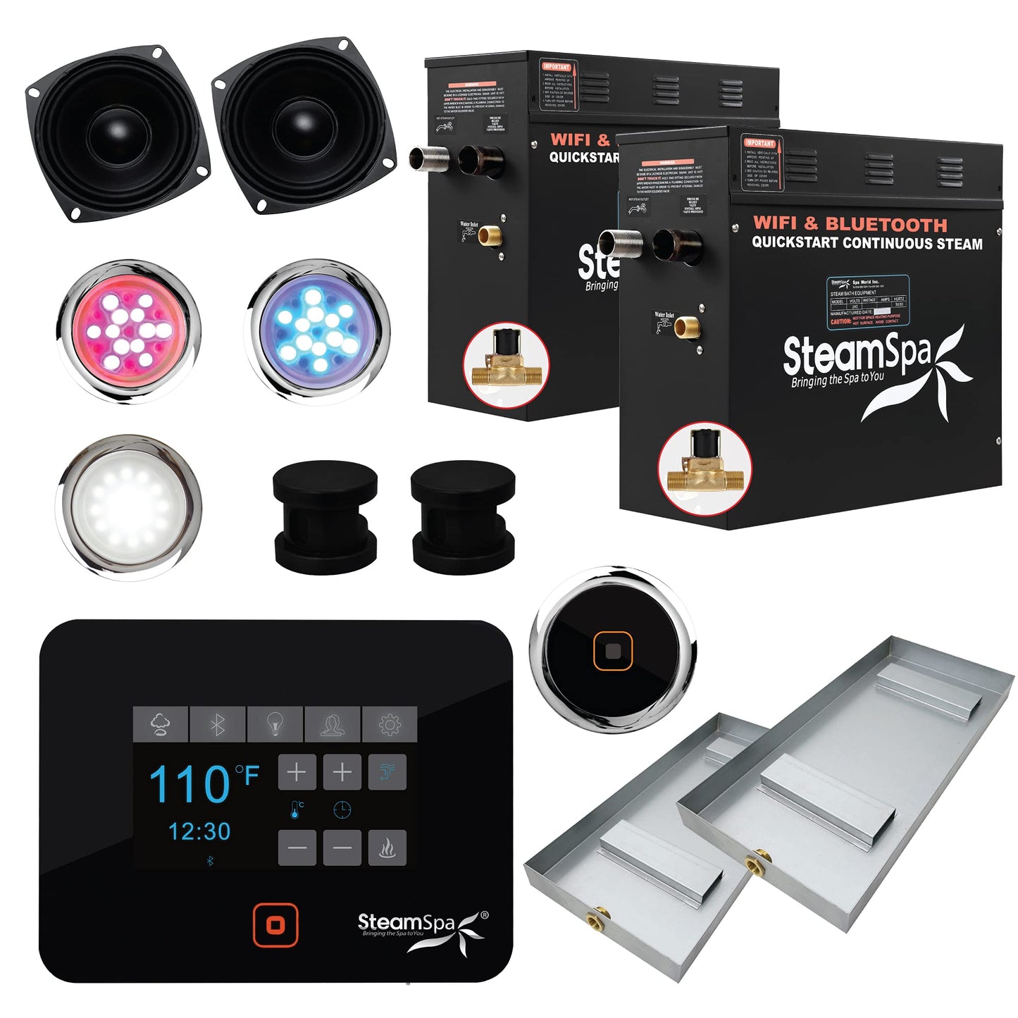 SteamSpa Generator with Quick Start Continuous Steam Technology, Wi-Fi, Bluetooth and Autodrain | 15kW Steam Generator with Black Steam Head with Aromatherapy Reservoir | RVB1500BK-A