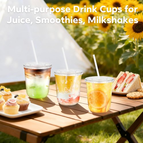 100PCS 12 oz Disposable Plastic Cups with Flat Lids and Clear Straws, Round Bottom To Go Iced Coffee Cups, Small Sturdy Drink Cups for Soda, Smoothies, Cold Beverage, Juice Bars, Takeout, Office