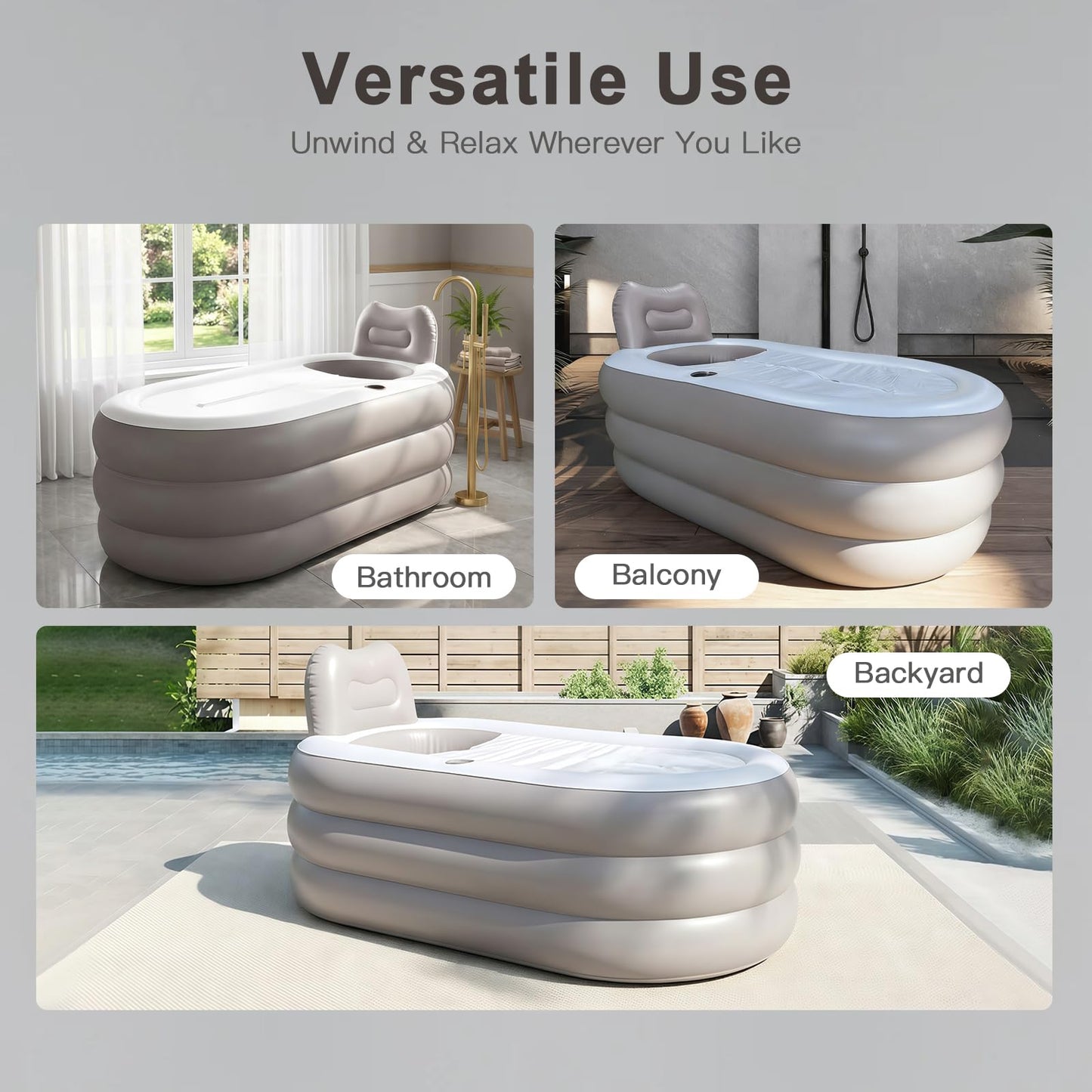 B&Y Portable Adult Soaking Bathtub, Ice Bath Tub Family Home Spa Tub with Zipper Cover, Designed with Headrest, Cup Holder (Air Pump Included) (Oval-145x80x45cm (without Machine))