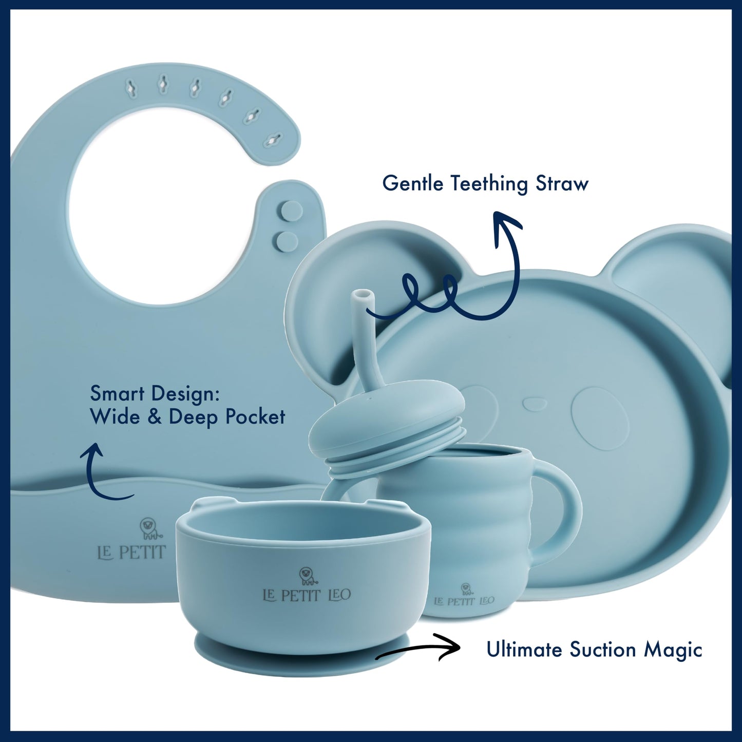 Silicone Baby Feeding Set - Complete Baby Led Weaning Supplies with Non-Toxic Silicone Bibs, Suction Plates, Suction Baby Bowl, Sippy Cup, Baby Spoons and Fork, Toddler Utensils (Baby Sky)
