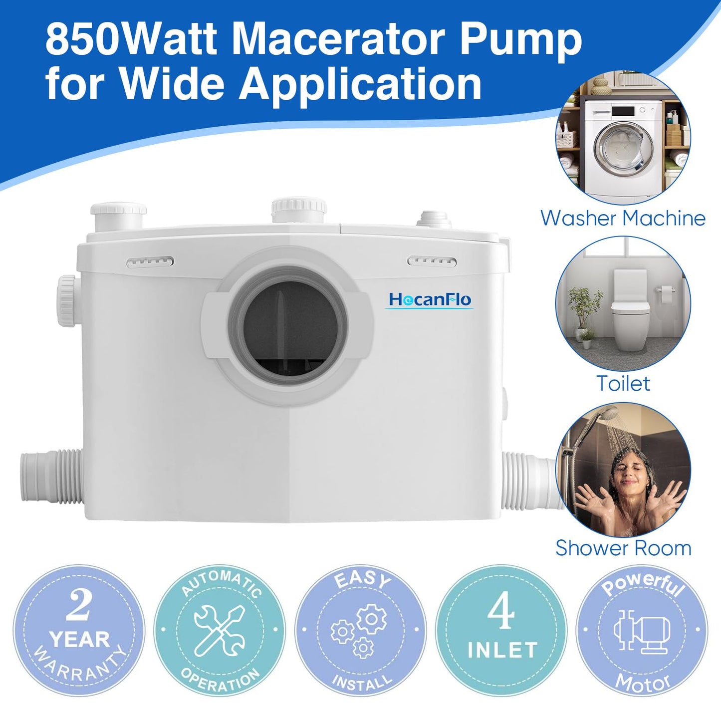 HOCANFLO 800W Macerator Pump for Basement Upflush System, High Efficiency Sewerage Pump with 2 Outlets/4 Inlets,Macerating Pump for Toilet, Sink, Basement, Laundry, Kitchen,36ft Vertical Pumping