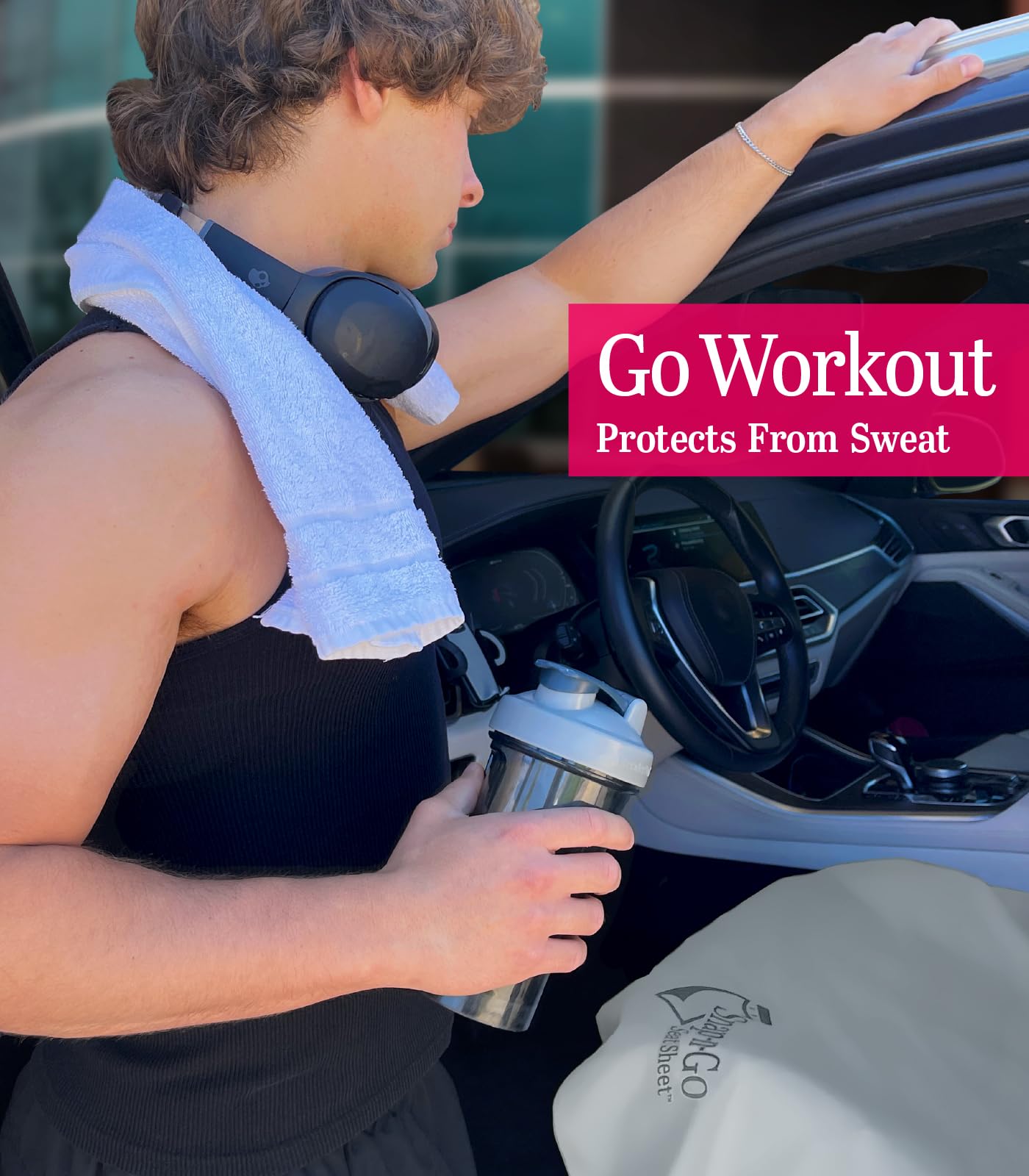 Car Seat Towel Cover After Gym Workout Yoga Pets: Snap-n-Go Seat Sheet™ Universal Fit with Headrest Post Straps, Quick-Dry Washable Sweat Protector for Car, Truck SUV Interior Protection (Light Gray)