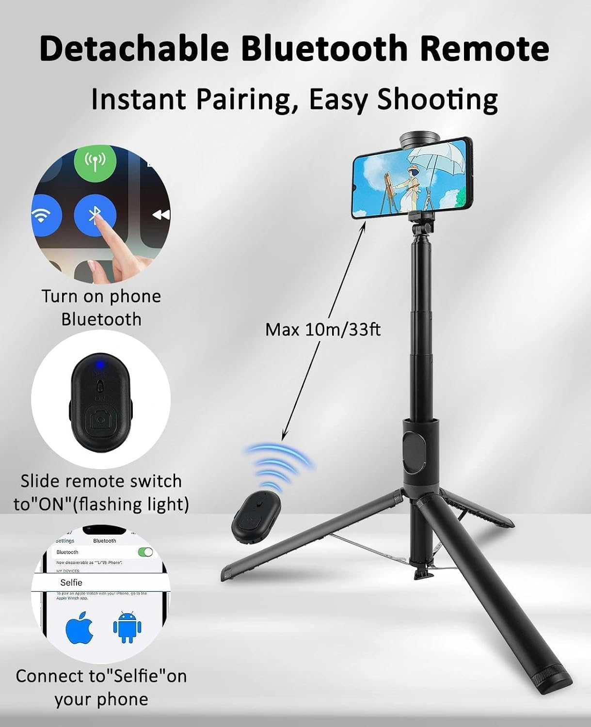 WOVTE 67" Automatic Phone Tripod, Auto-Open Selfie Stick Tripod with Wireless Remote, Portable Travel Phone Stand
