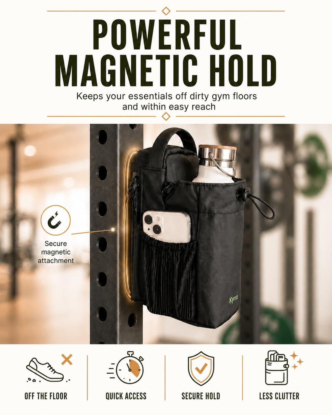 kyrra. Magnetic Gym Bag with Water Bottle Holder Crossbody Bag Strong Magnetic Attachment Fits 40oz Bottles Phone Pocket & Bonus Pouch Gym Accessories for Men and Women