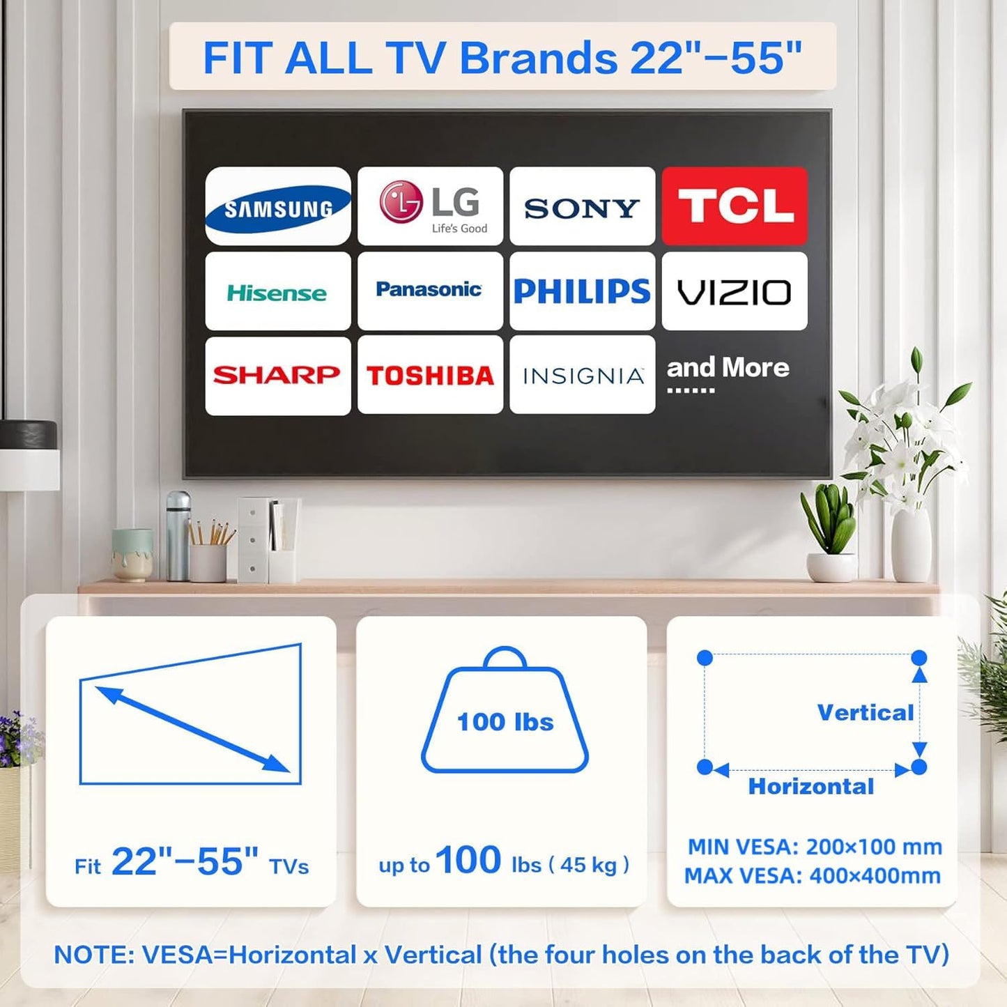 KAMIWI 22-55 Inch 100 lbs, No Drill Drywall TV Mount, No Stud TV Wall Mount for Most Brand TVs up to Easy Install No
